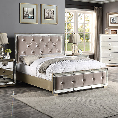 Germany Bedframe Velvet Upholstery Tufted Headboard Mirrored Antique Gold Colour Work Deep Quilting