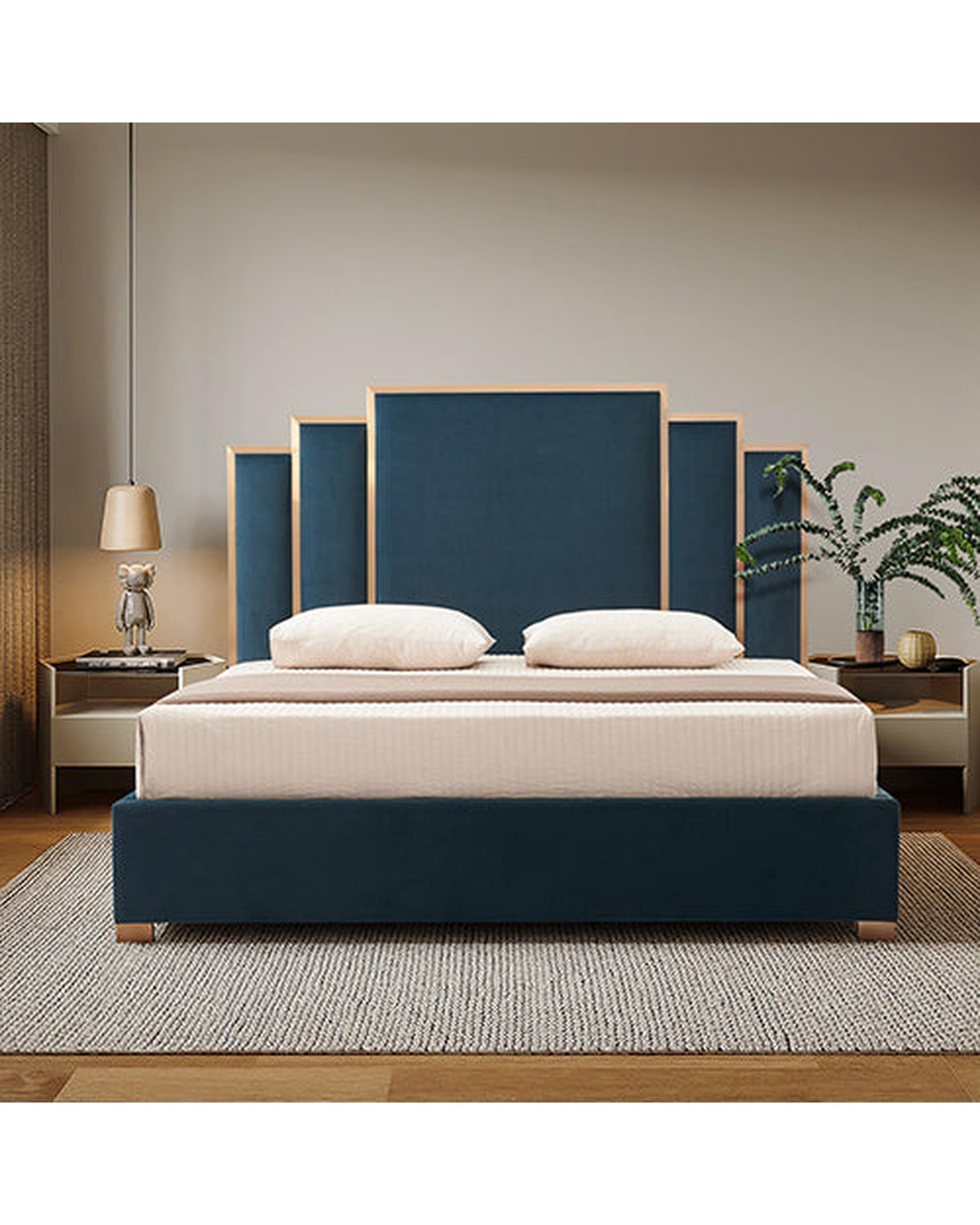Austin Bed Frame Polyester Turquoise Fabric Padded Upholstery High Quality Slats Polished Stainless Steel Feet Melbournians Furniture