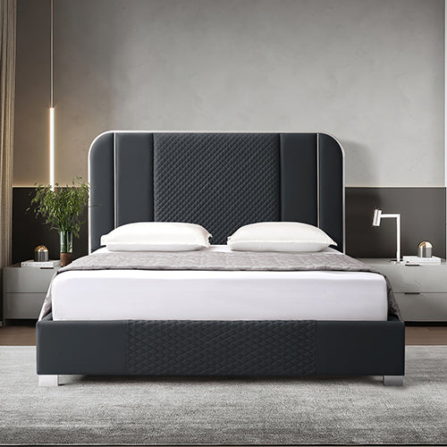 Halcyon Bed Frame Air Leather Padded Upholstery High Quality Slats Polished Stainless Steel Feet Melbournians Furniture