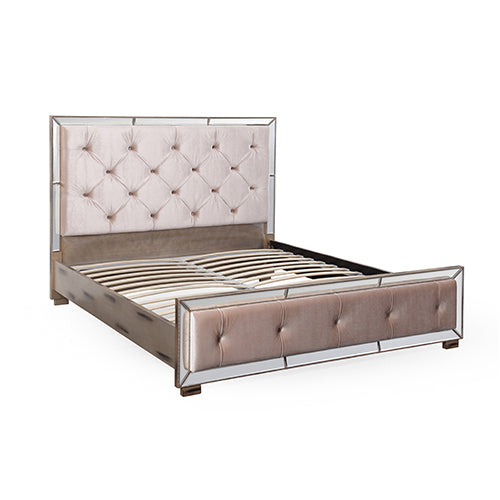 Germany Bedframe Velvet Upholstery Tufted Headboard Mirrored Antique Gold Colour Work Deep Quilting