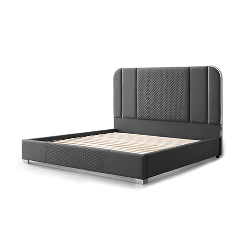 Halcyon Bed Frame Air Leather Padded Upholstery High Quality Slats Polished Stainless Steel Feet Melbournians Furniture