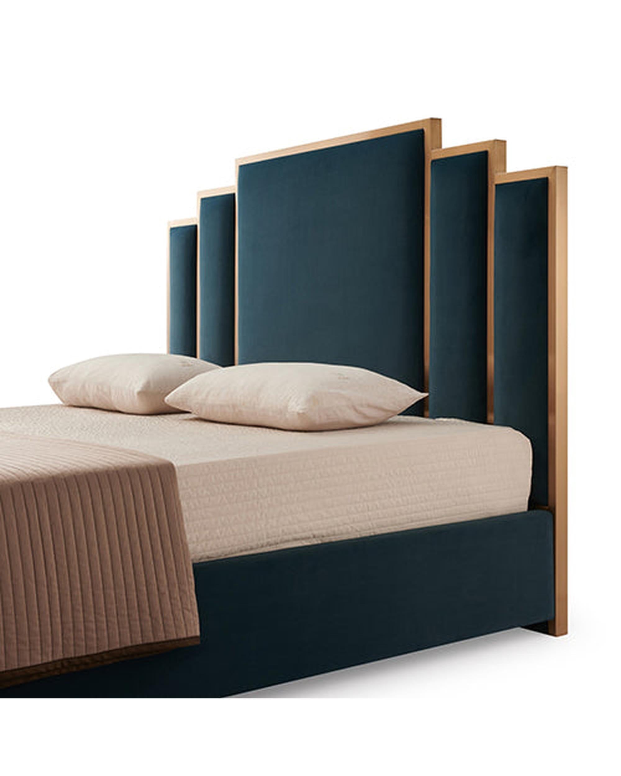 Austin Bed Frame Polyester Turquoise Fabric Padded Upholstery High Quality Slats Polished Stainless Steel Feet Melbournians Furniture