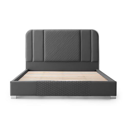 Halcyon Bed Frame Air Leather Padded Upholstery High Quality Slats Polished Stainless Steel Feet Melbournians Furniture