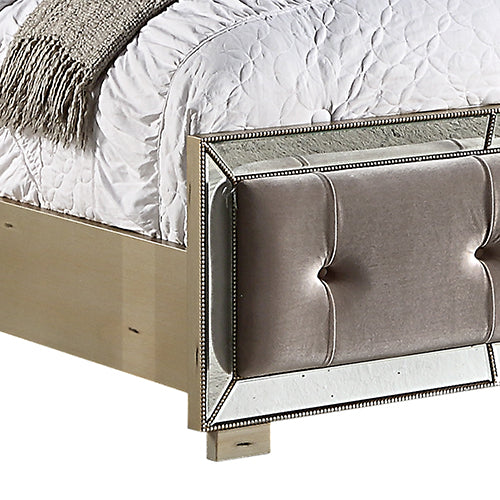 Germany Bedframe Velvet Upholstery Tufted Headboard Mirrored Antique Gold Colour Work Deep Quilting