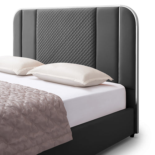 Halcyon Bed Frame Air Leather Padded Upholstery High Quality Slats Polished Stainless Steel Feet Melbournians Furniture