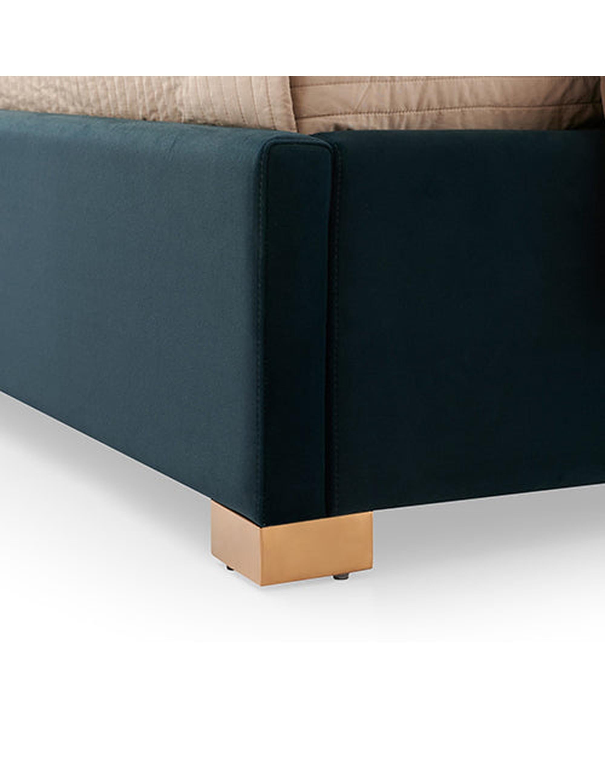 Austin Bed Frame Polyester Turquoise Fabric Padded Upholstery High Quality Slats Polished Stainless Steel Feet Melbournians Furniture