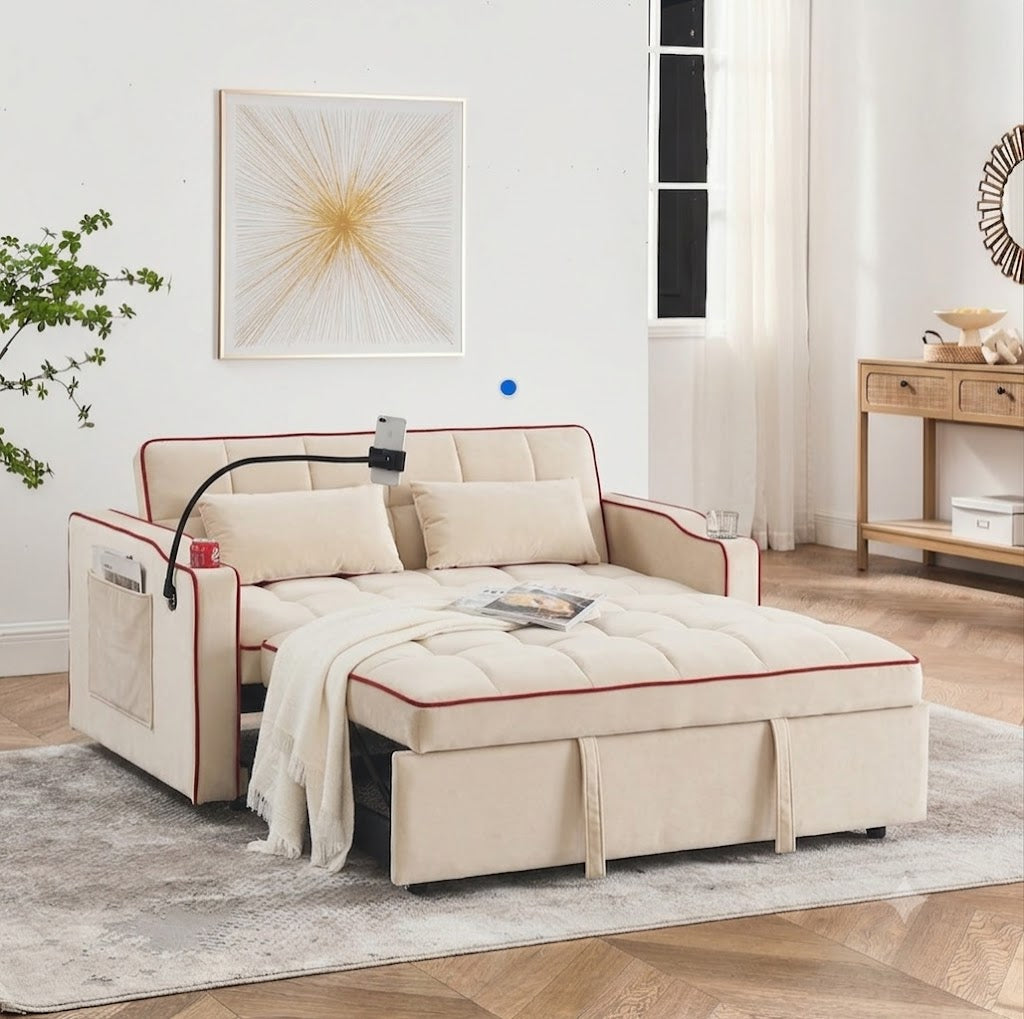 Loft Fashionable Modern And Multi-Functional Foldable Velvet Sofa Bed - Beige