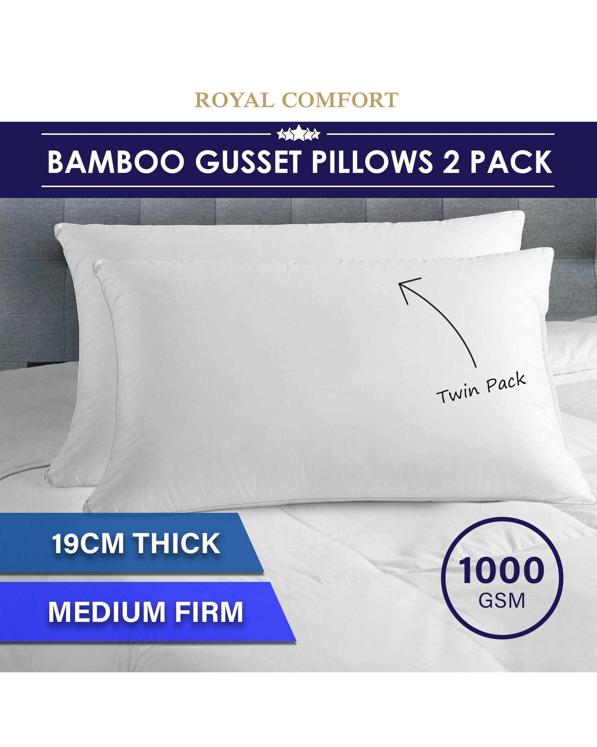 Royal Comfort Luxury Bamboo Blend Gusset Pillow Twin Pack 4cm Gusset Support Royal Comfort