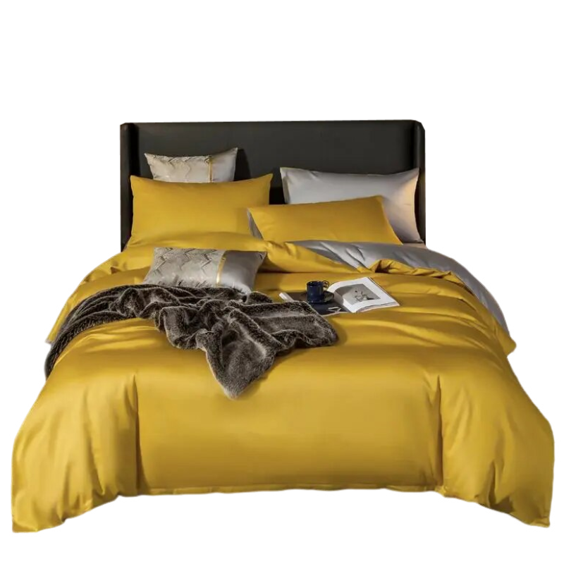 Anyhouz Bed Sheet Yellow Light Grey Ultra Soft Luxury Egyptian Cotton Bedding Cover Queen Size 6 Pcs Bed Set