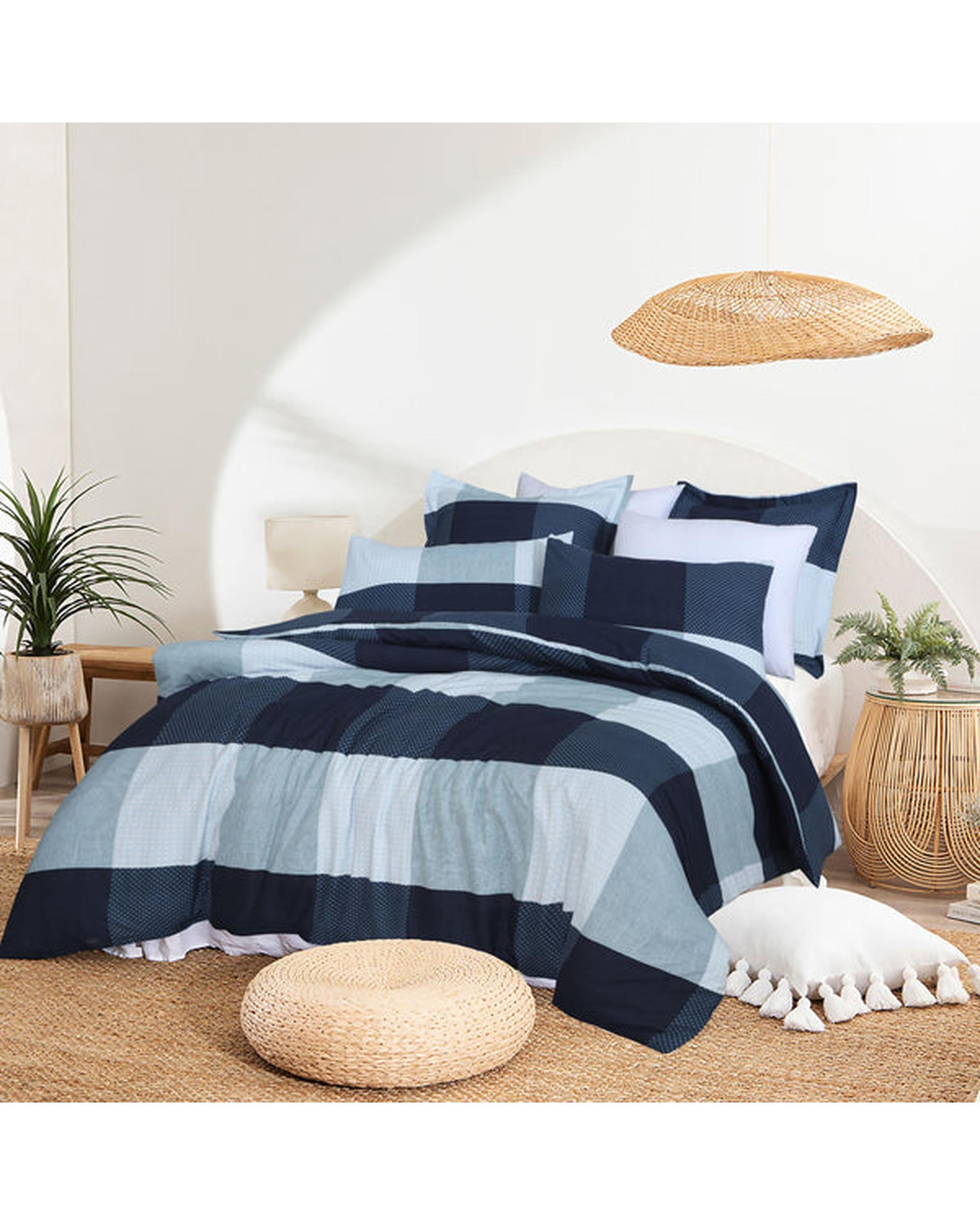 Amsons Quilt Cover Set with Extra Standard Pillow Covers - Blue Check