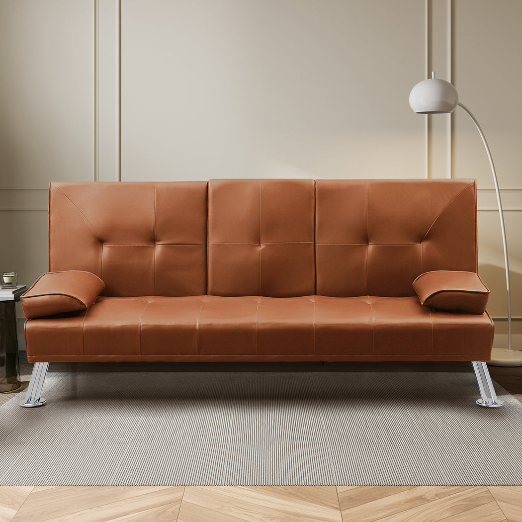 Adjustable Sofa Bed Lounge Futon Couch Leather Beds 3 Seater Cup Holder Recliner Brown