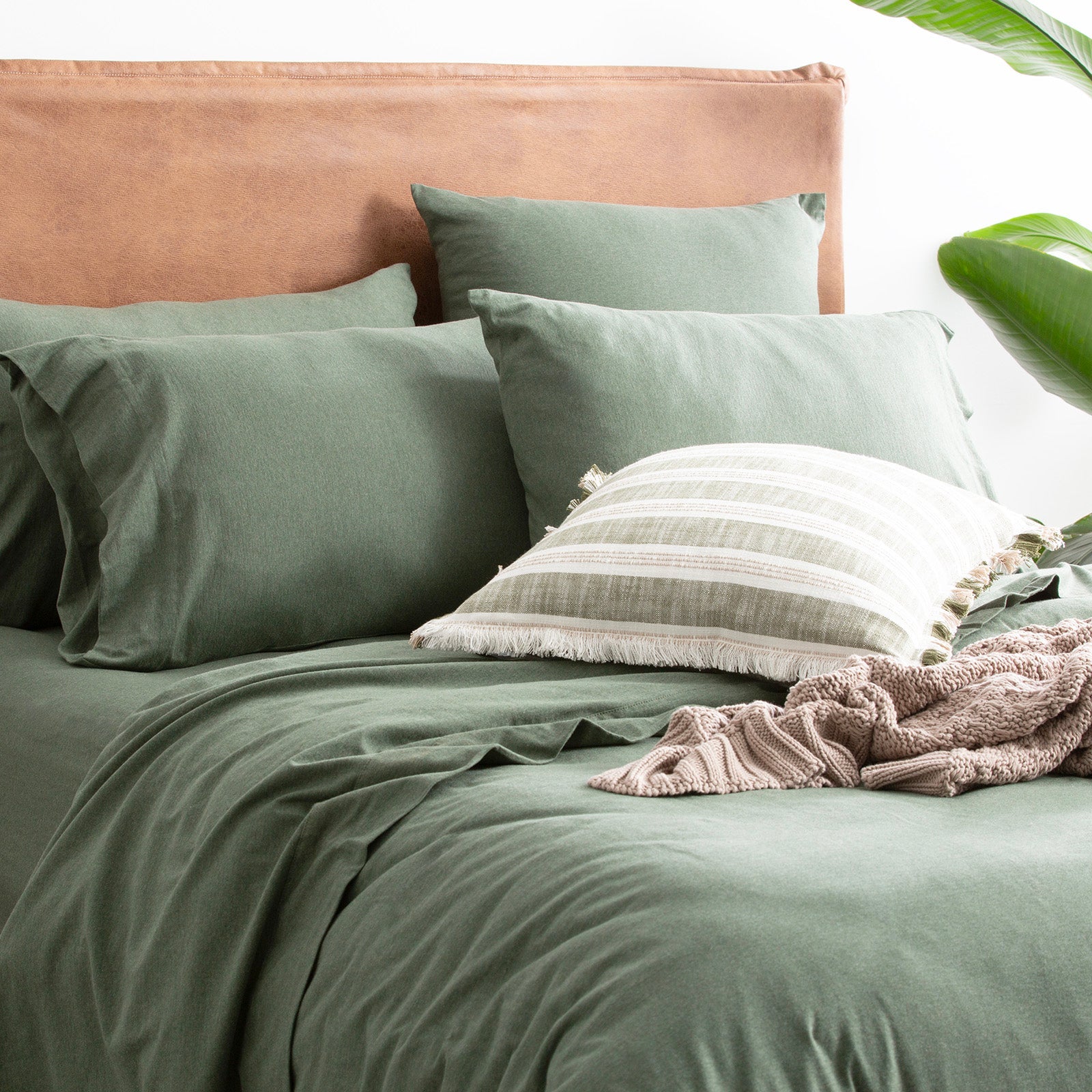 Renee Taylor Comfort T’s Organic Cotton Melange Jersey Quilt Cover Set - Olive Renee Taylor