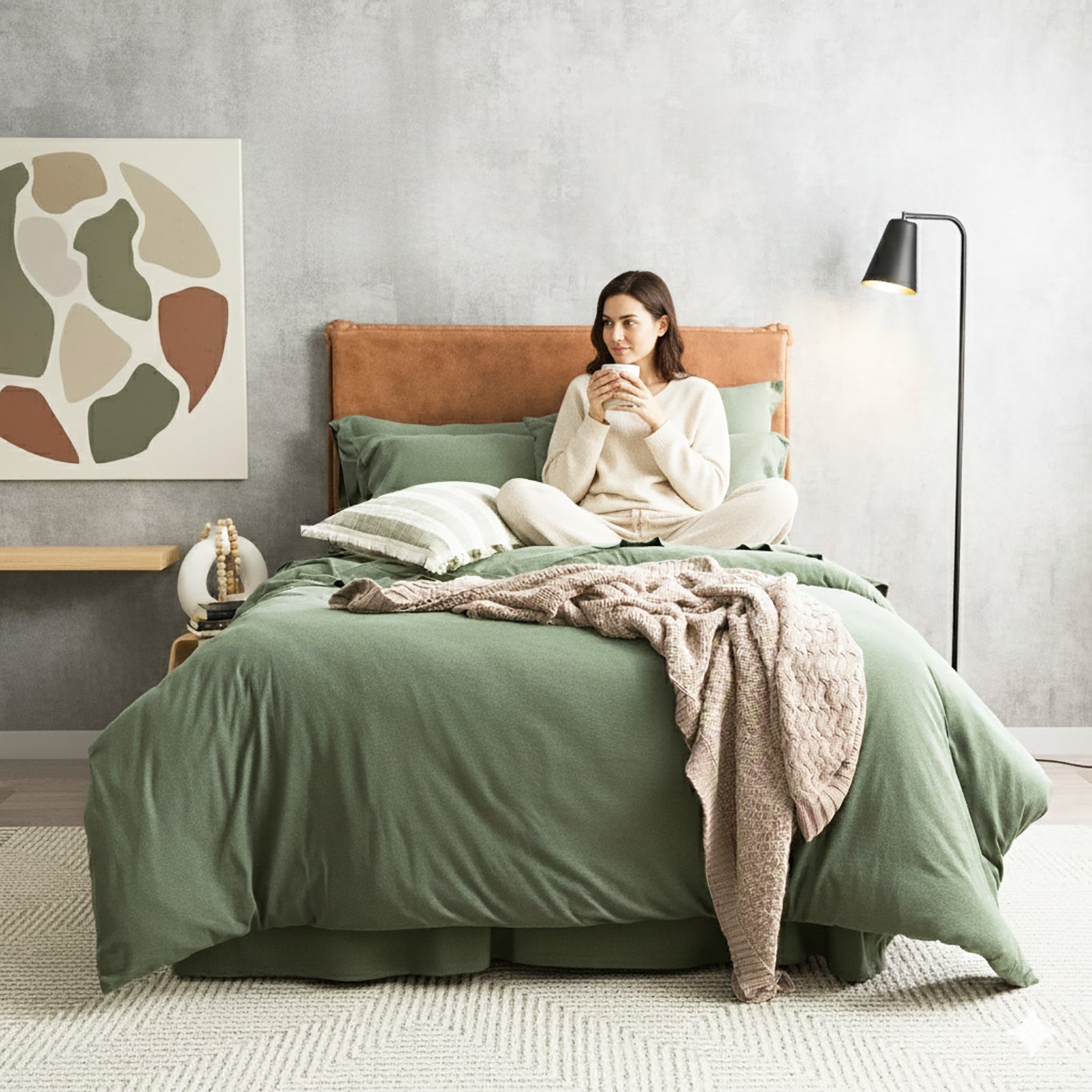 Renee Taylor Comfort T’s Organic Cotton Melange Jersey Quilt Cover Set - Olive Renee Taylor