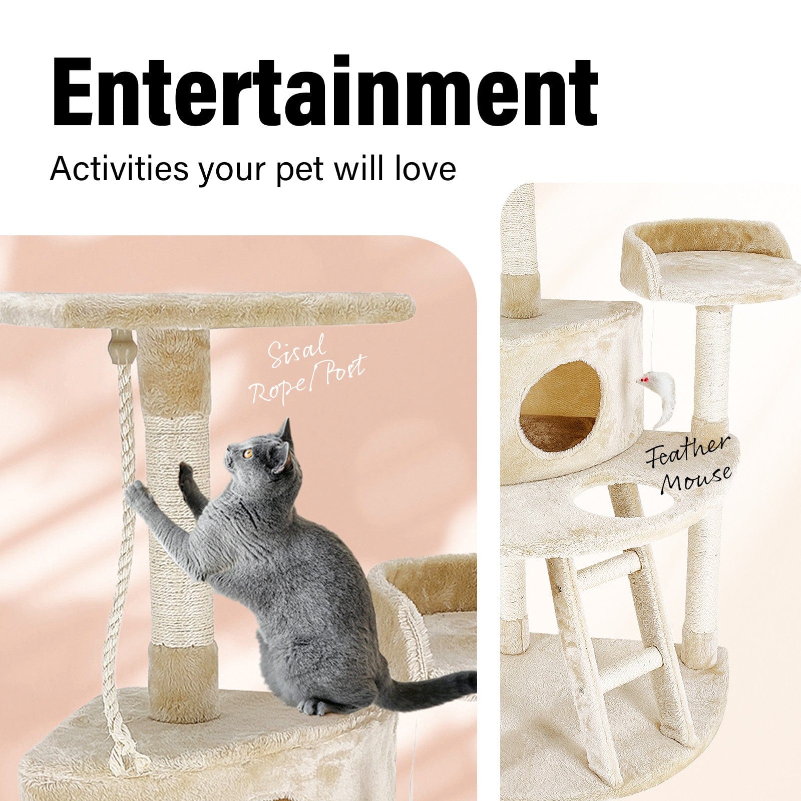 4Paws Cat Tower 4Paws Cat Tree Scratching Post House Furniture Bed Luxury Plush Play 120cm - Beige