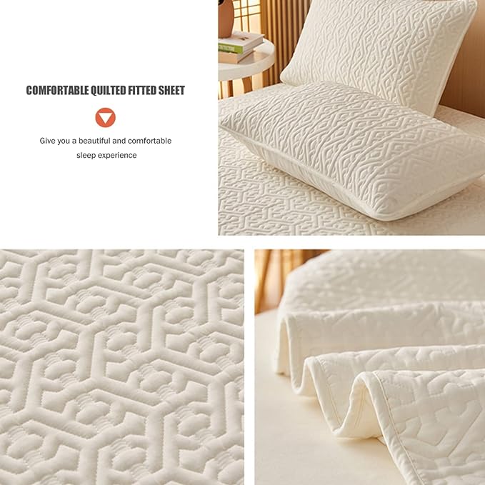 Anyhouz Mattress Cover Beige Double Size Pure Cotton Soft Quilted Bed Sheet Anti-bacterial Protector Cover