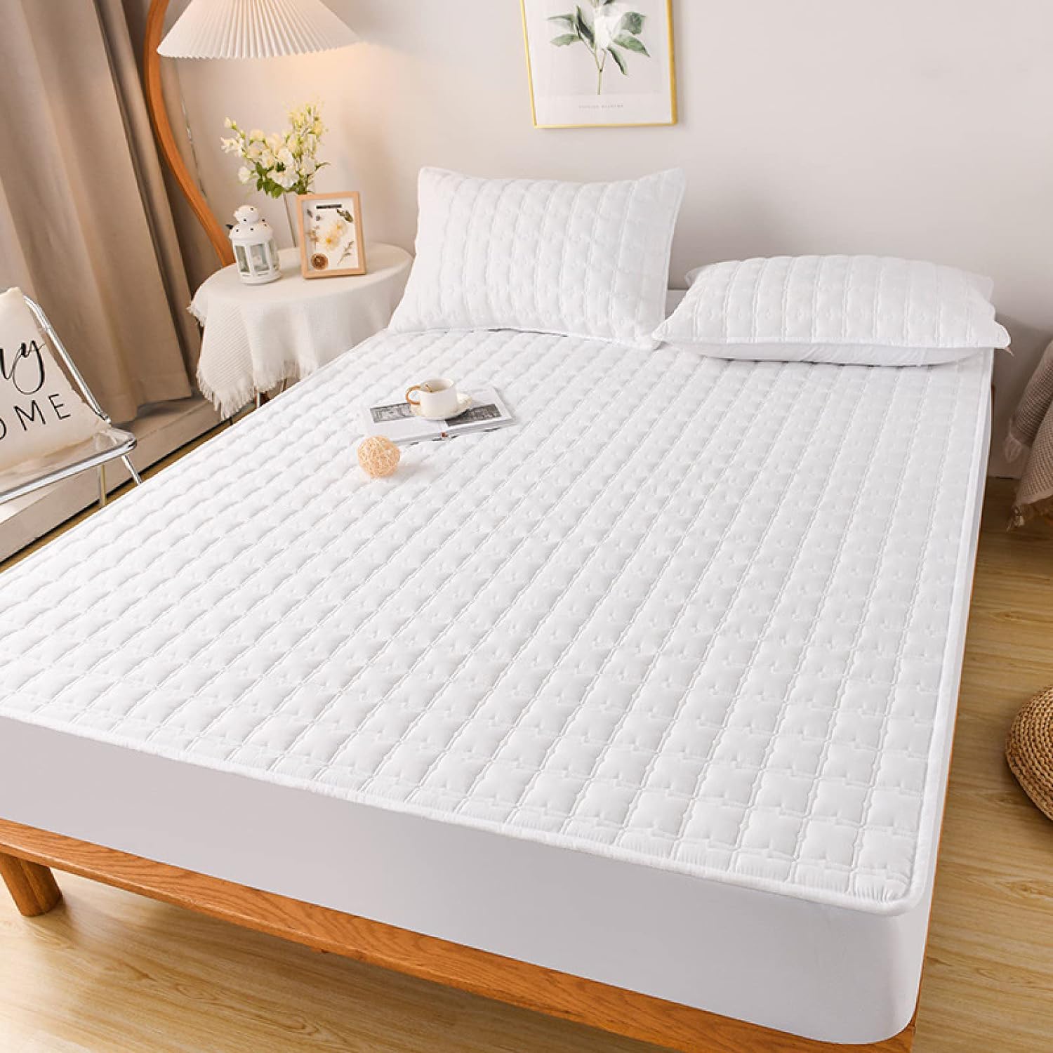 Anyhouz Mattress Cover White King Size Waterproof Quilted Fitted Bed Sheet
