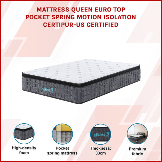 Mattress Queen Euro Top Pocket Spring Motion Isolation - 33CM THICK Palermo