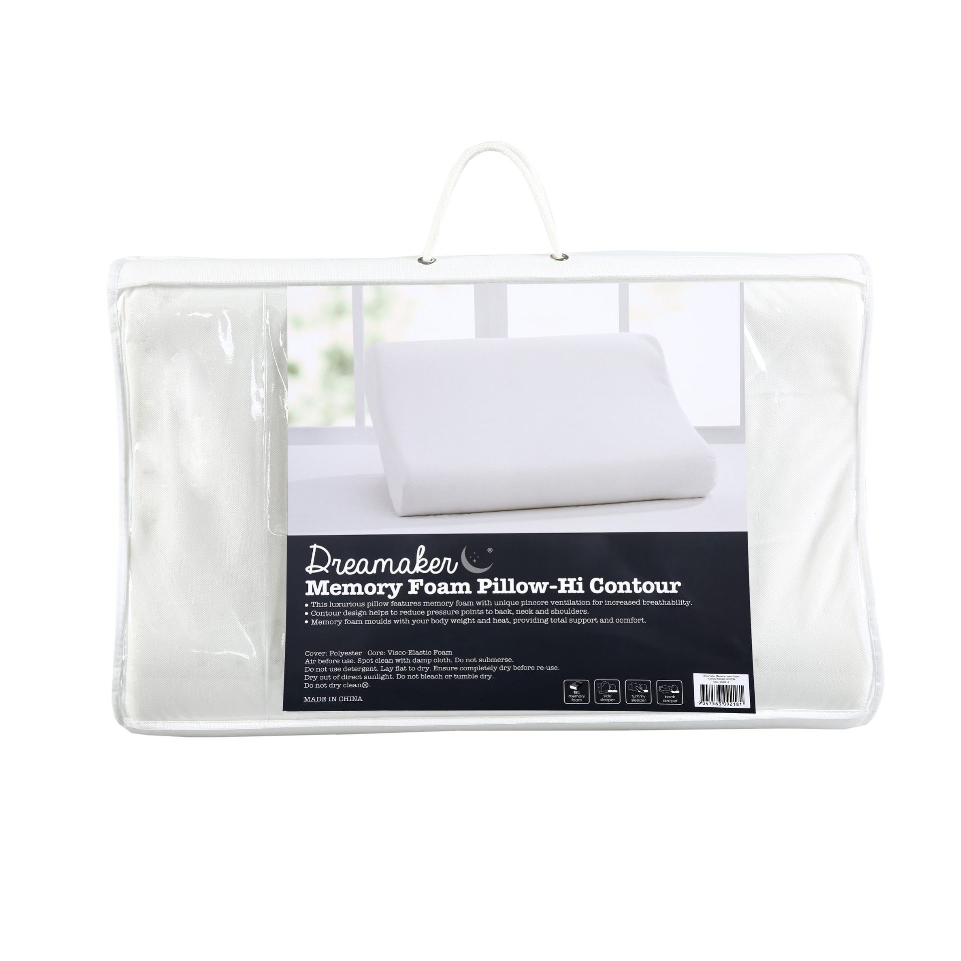 Dreamaker Contoured Pincore Memory Foam Pillow 60X40Cm
