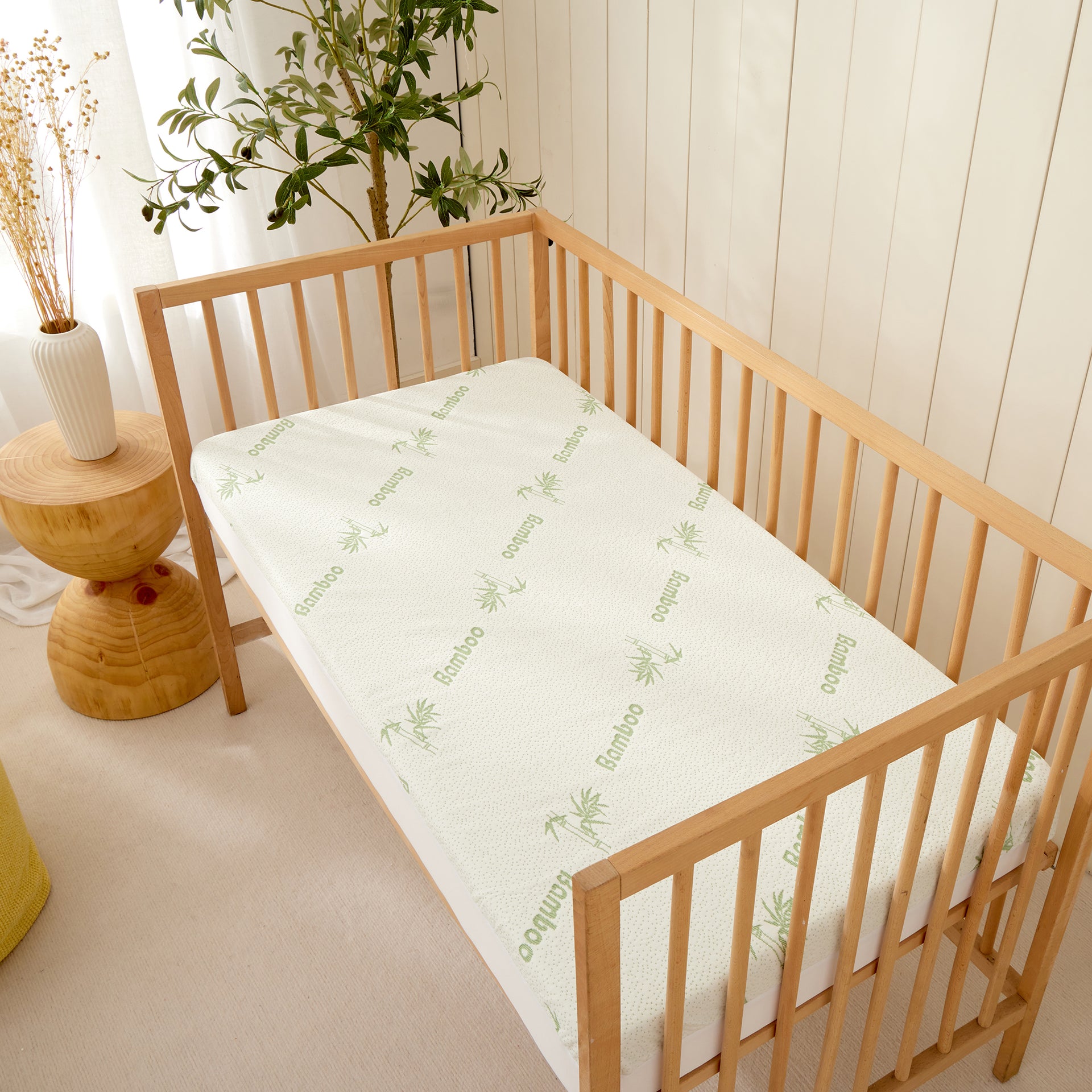 Dreamaker 260Gsm Bamboo Knitted Baby Cot Waterproof Mattress Protector White Fitted Sheet Boori