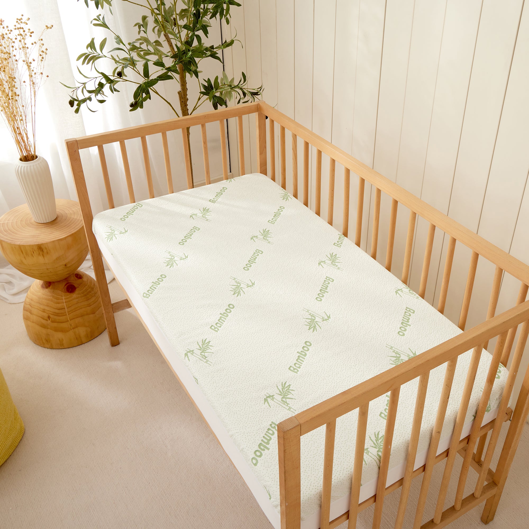 Dreamaker 260Gsm Bamboo Knitted Baby Cot Waterproof Mattress Protector White Fitted Sheet Boori