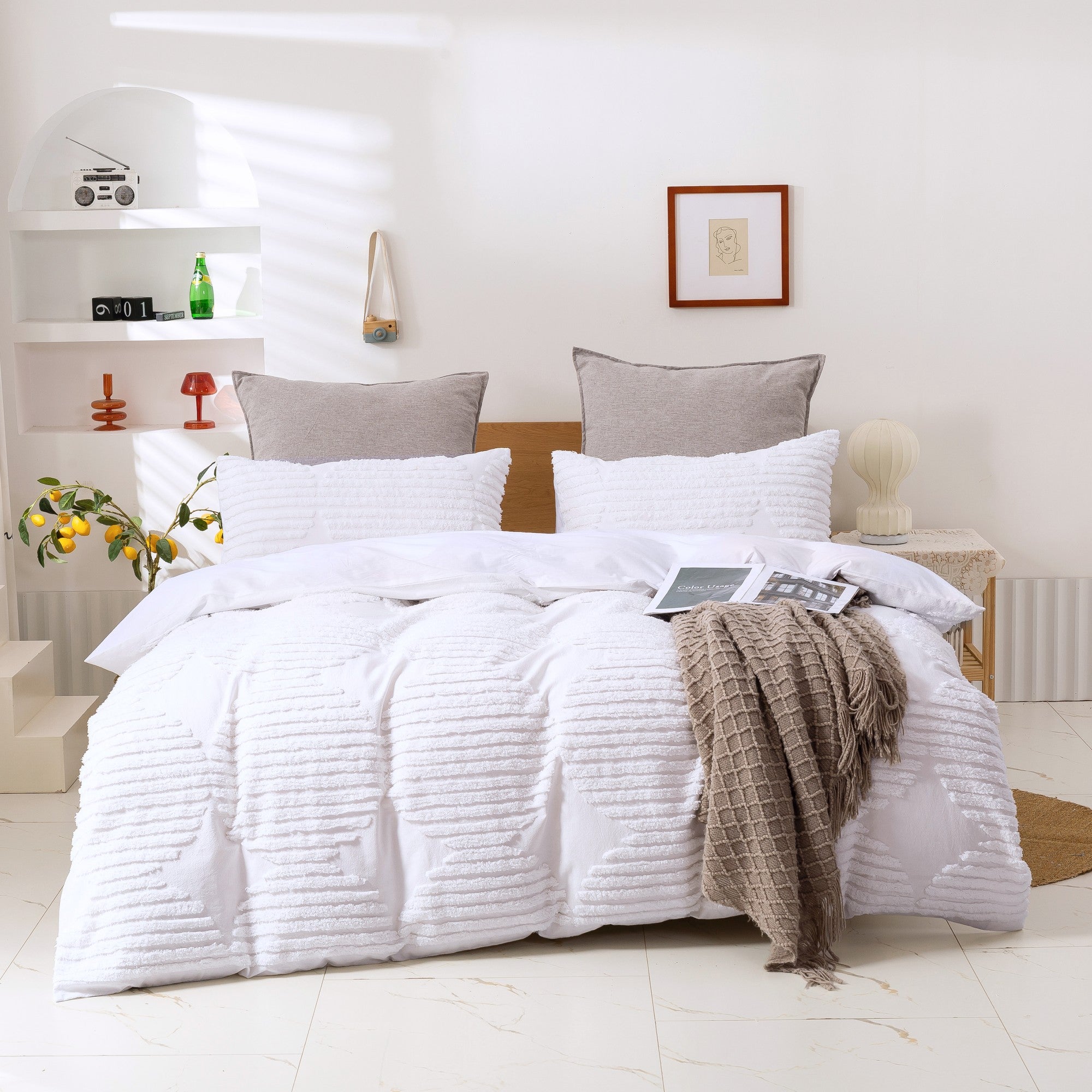 Dreamaker Tufted Washed Vintage Cotton Quilt Cover Set Darvo White