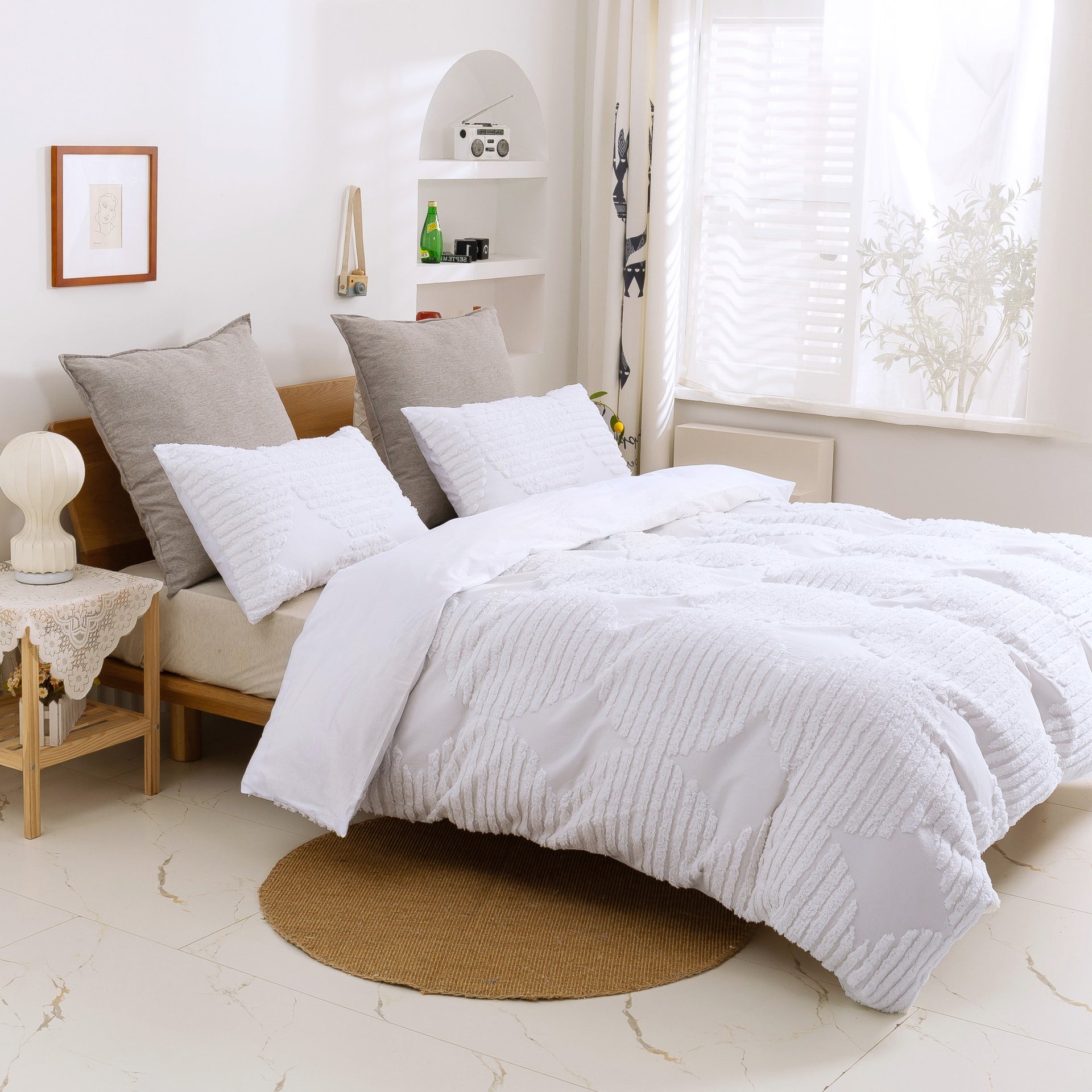 Dreamaker Tufted Washed Vintage Cotton Quilt Cover Set Darvo White
