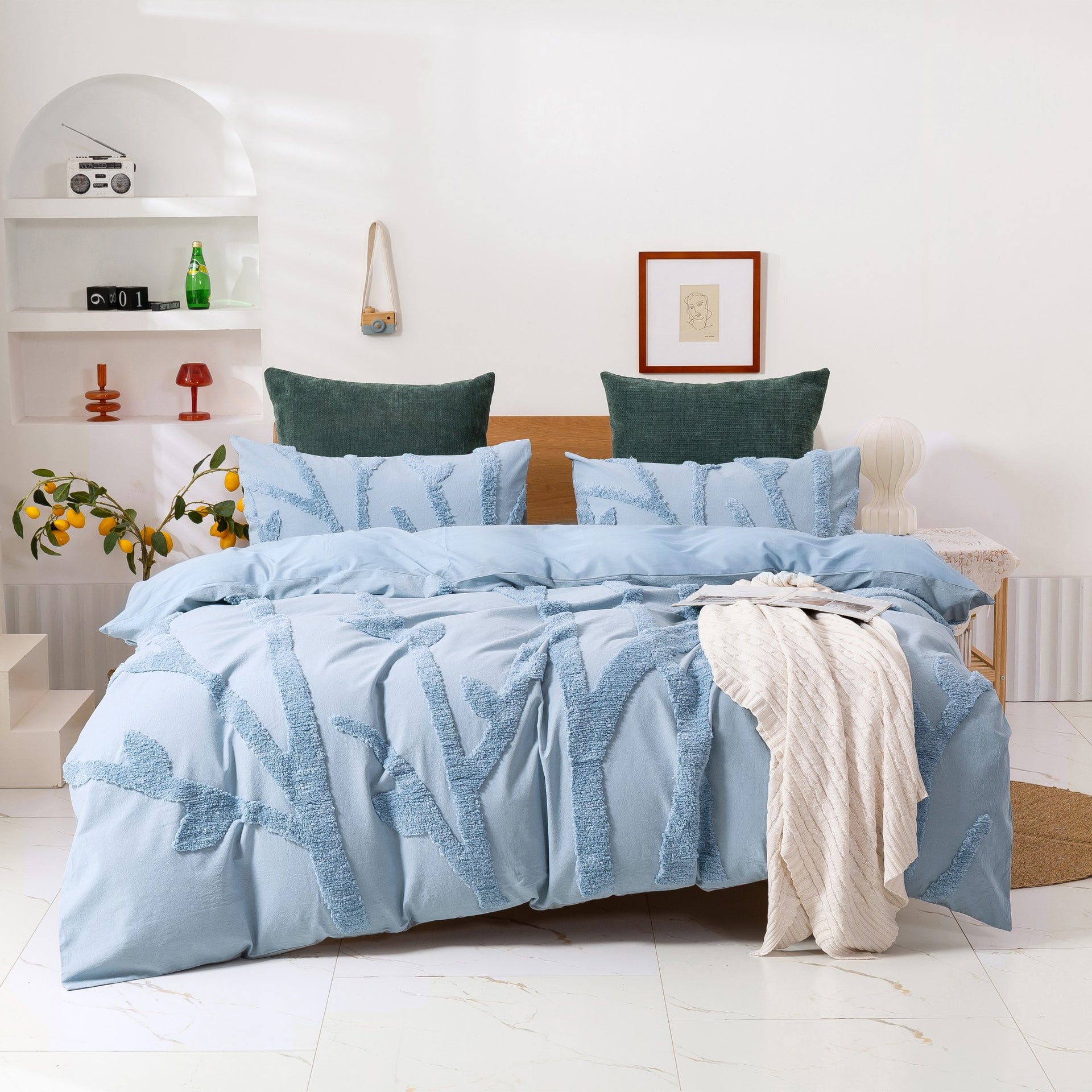 Dreamaker Tufted Washed Vintage Cotton Quilt Cover Set Kye Blue