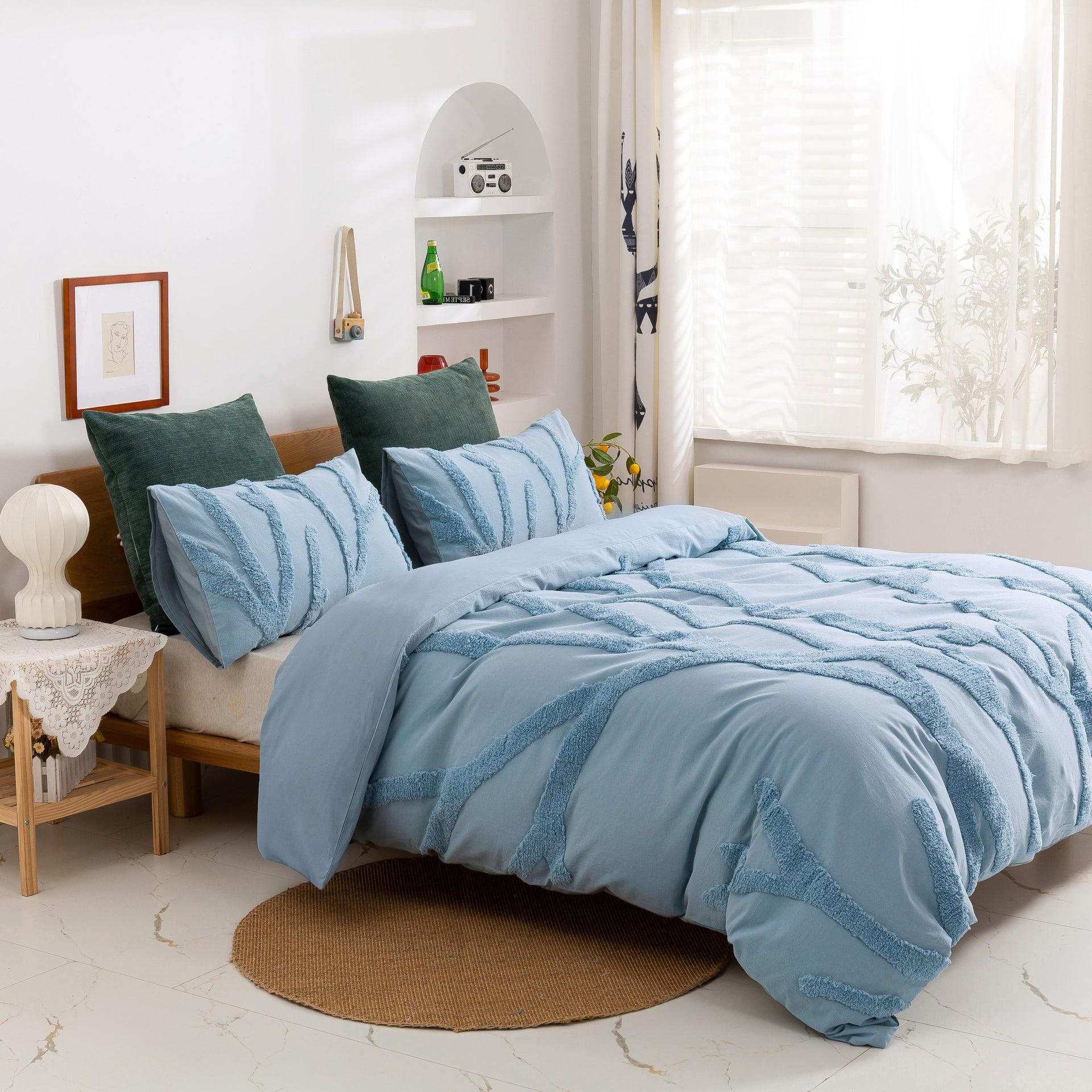 Dreamaker Tufted Washed Vintage Cotton Quilt Cover Set Kye Blue