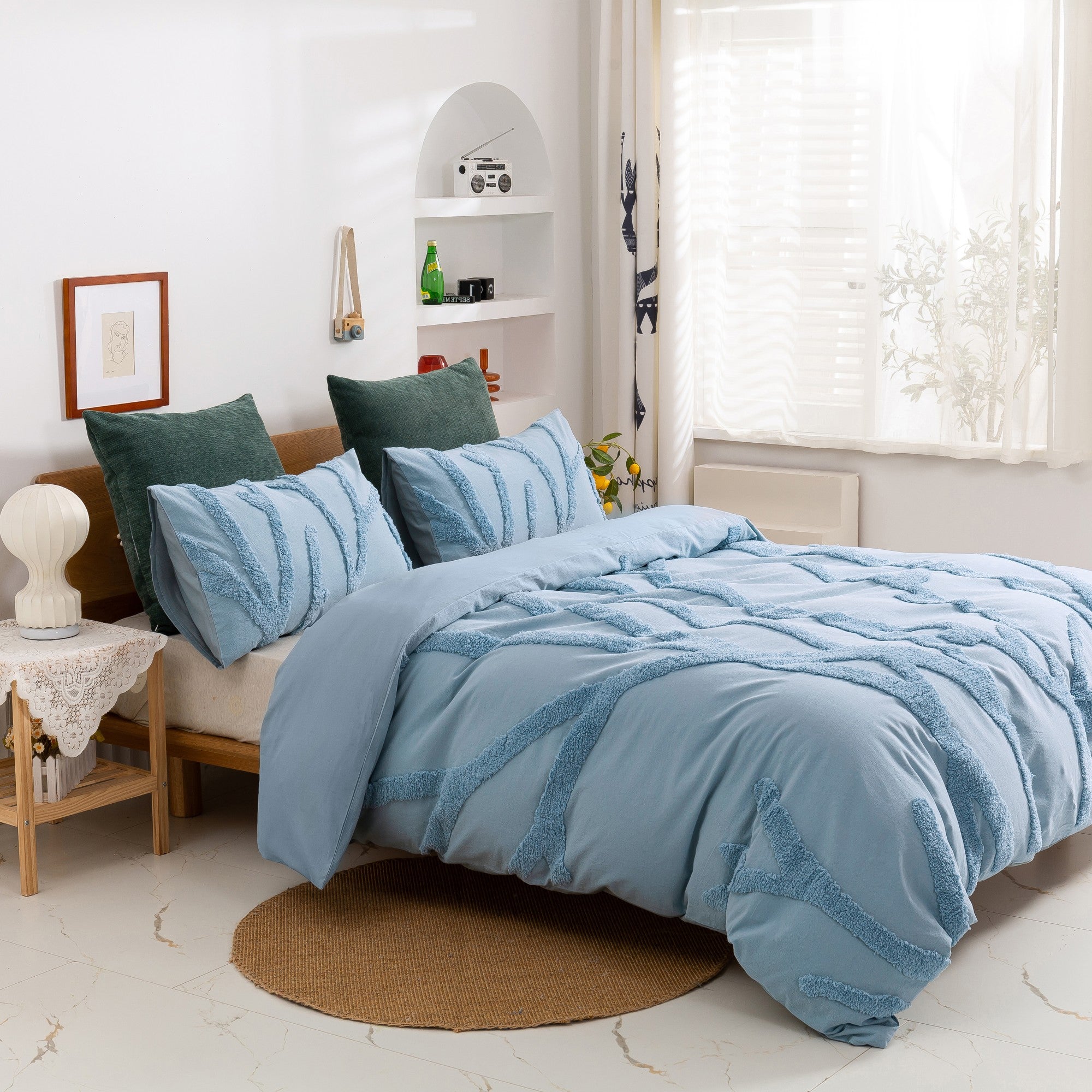 Dreamaker Tufted Washed Vintage Cotton Quilt Cover Set Kye Blue
