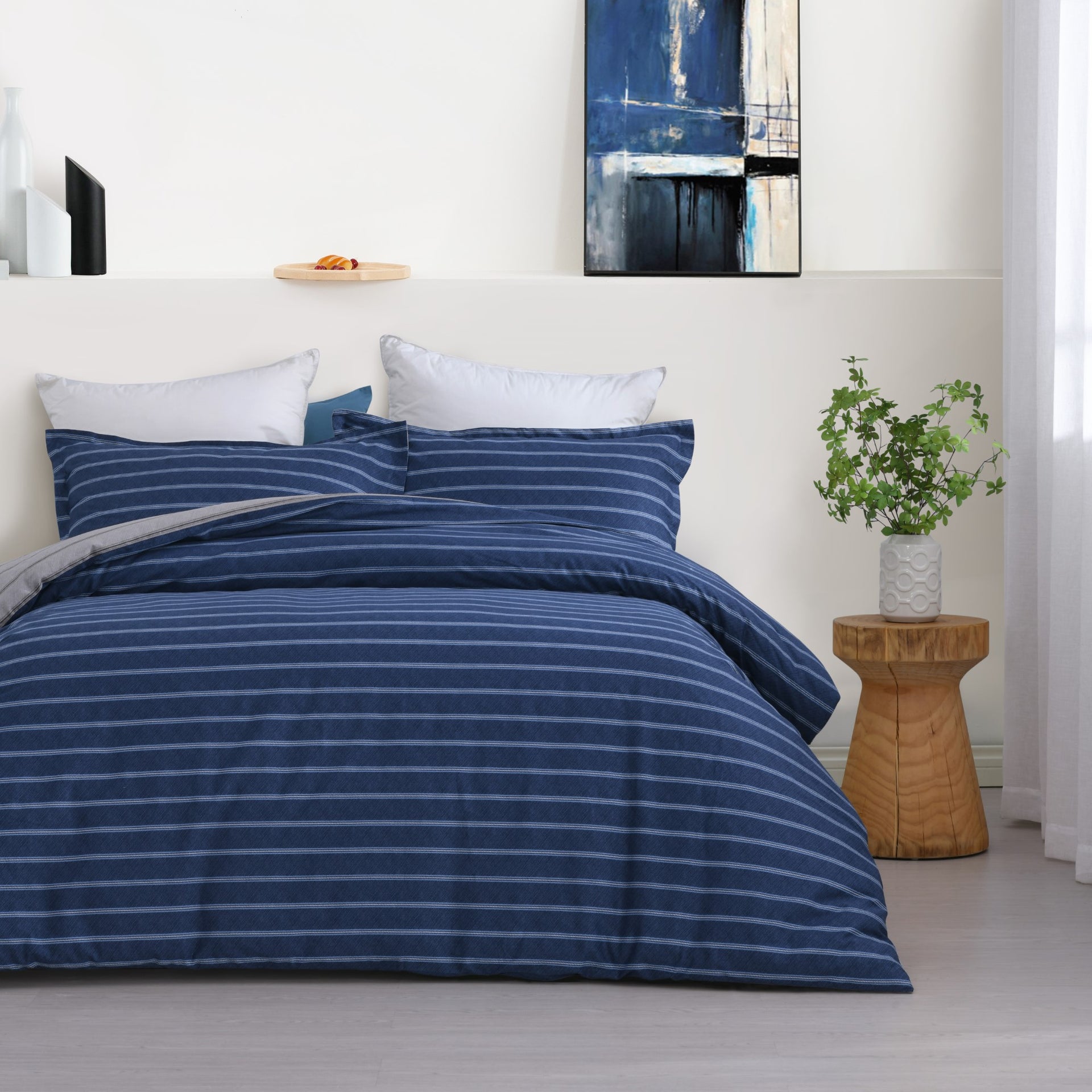 Dreamaker Amalfi Stripecotton Reversible Quilt Cover Set Blue