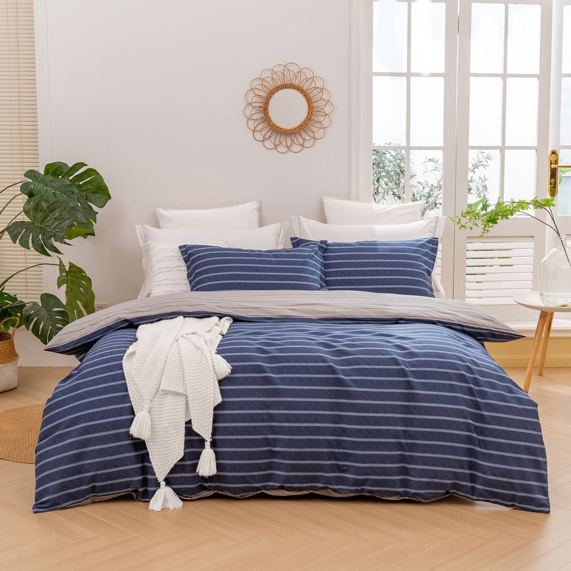 Dreamaker Amalfi Stripecotton Reversible Quilt Cover Set Blue