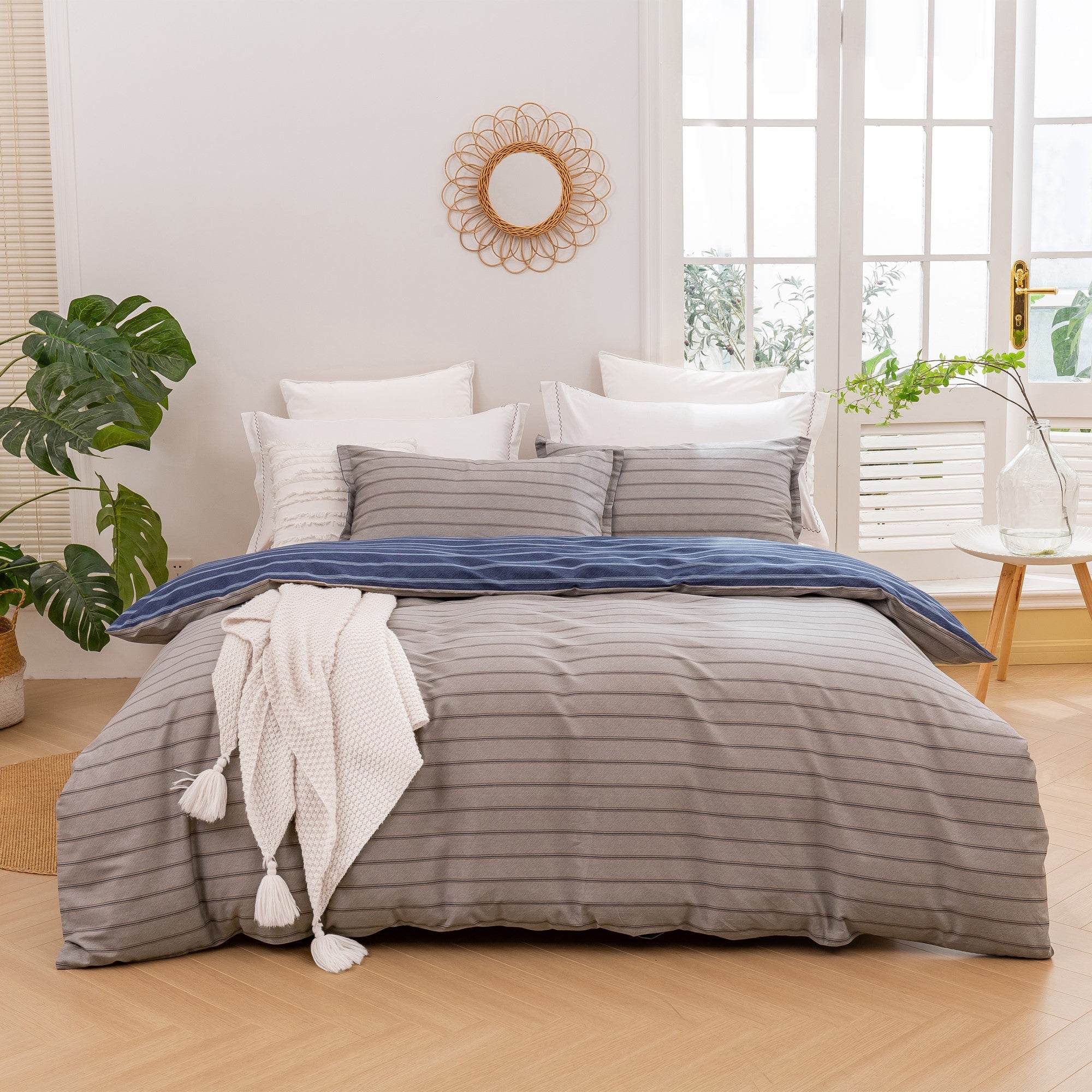 Dreamaker Amalfi Stripecotton Reversible Quilt Cover Set Blue