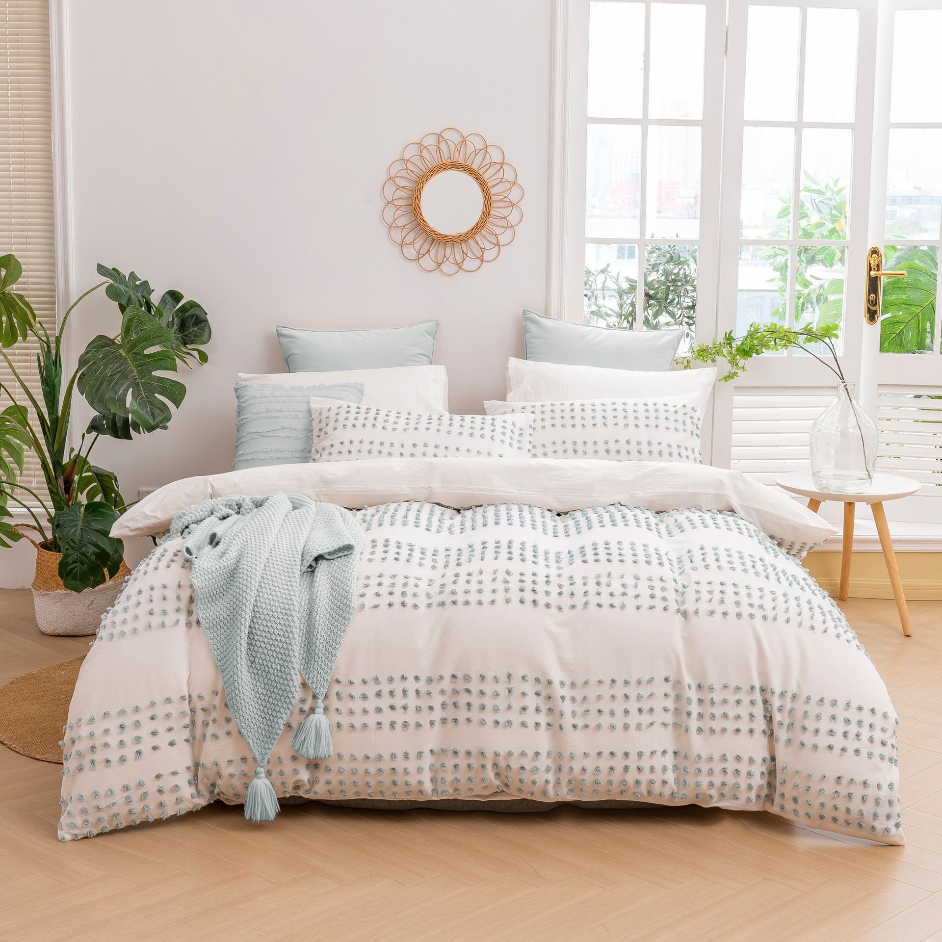 Dreamaker Clovelly Tufted Stripe Quilt Cover Set Seafoam