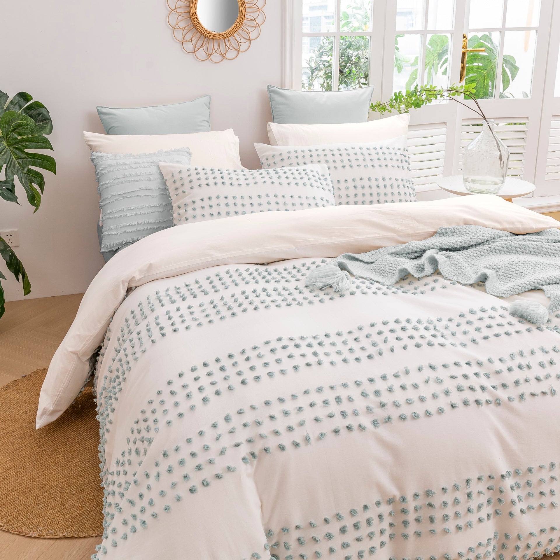 Dreamaker Clovelly Tufted Stripe Quilt Cover Set Seafoam