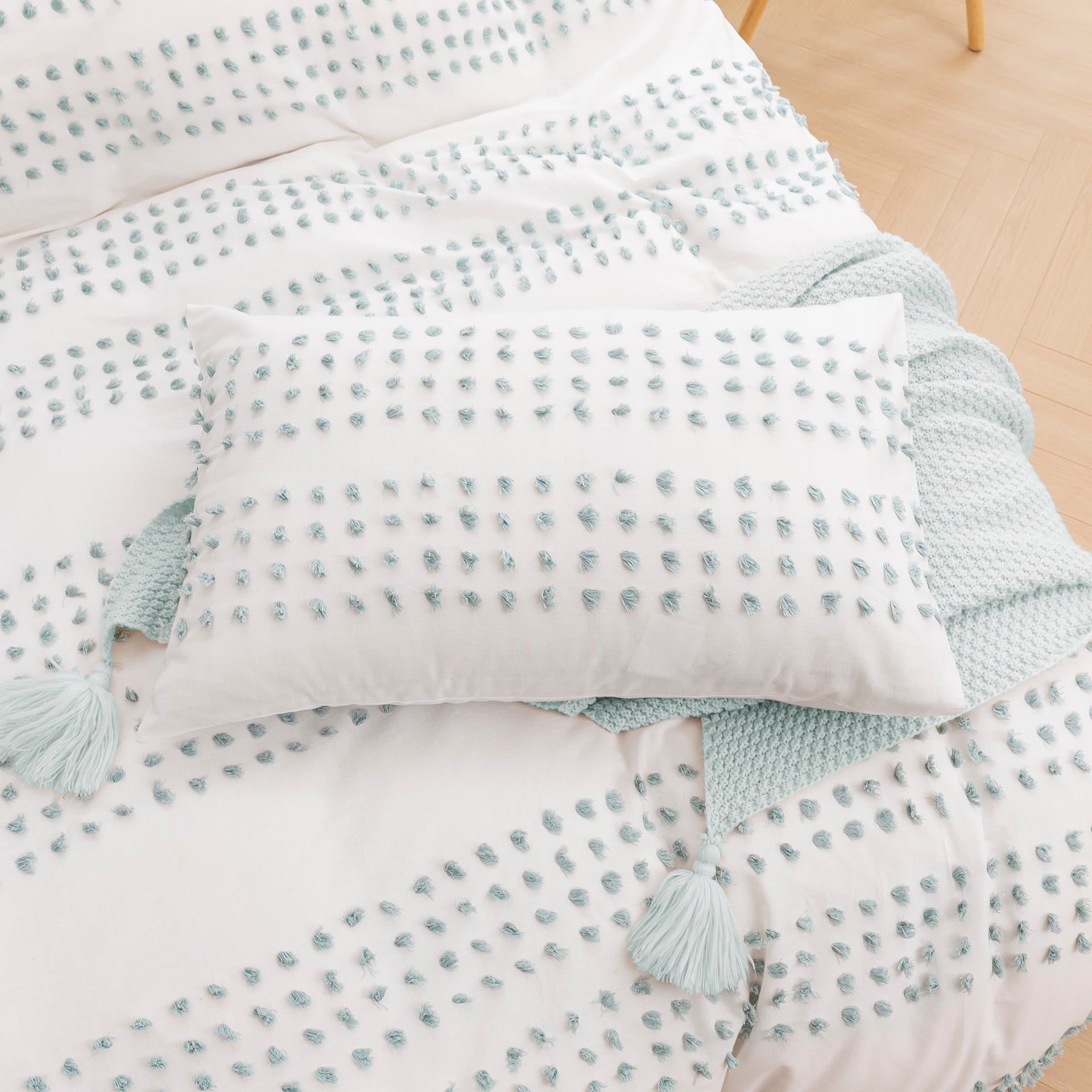 Dreamaker Clovelly Tufted Stripe Quilt Cover Set Seafoam