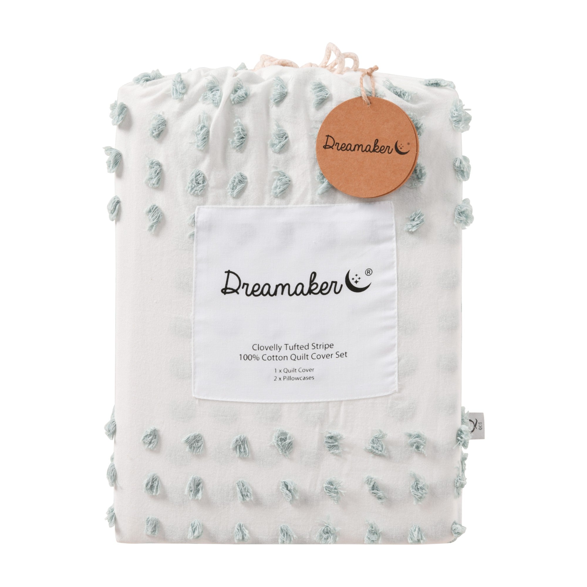 Dreamaker Clovelly Tufted Stripe Quilt Cover Set Seafoam