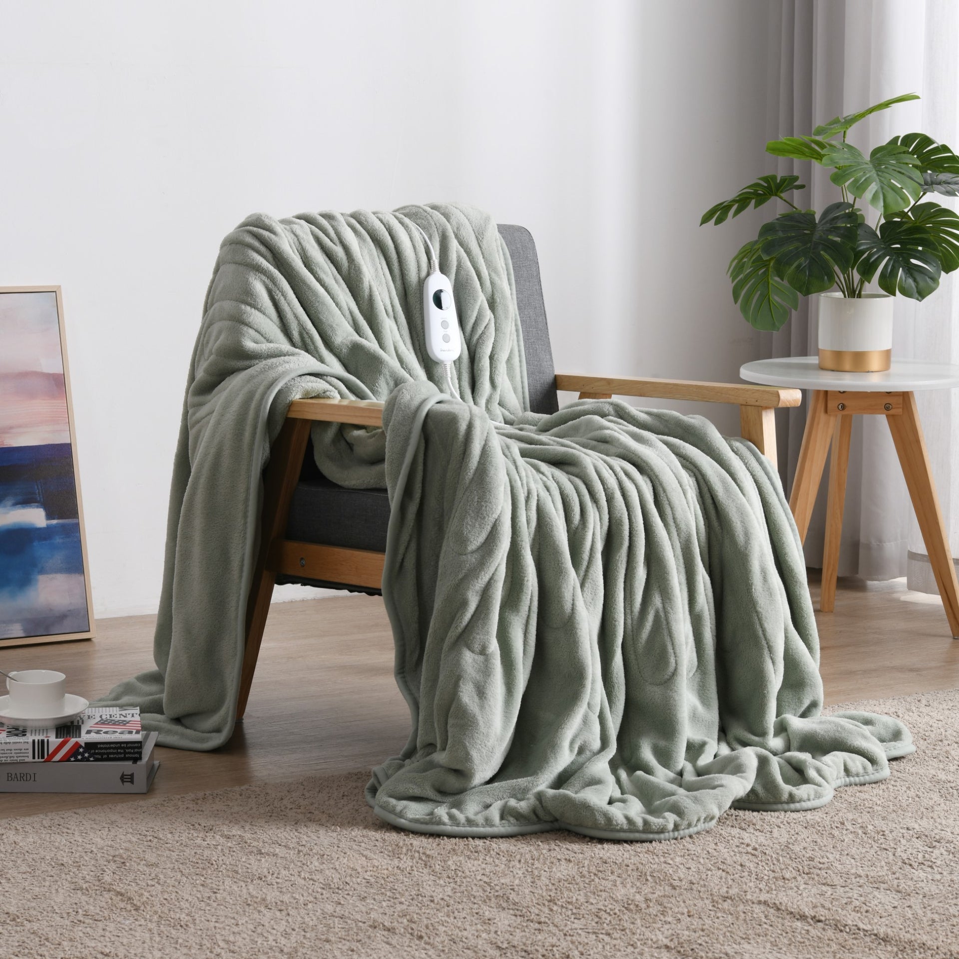 Dreamaker Ston Coral Fleece Heated Throw 180X200Cm Sage