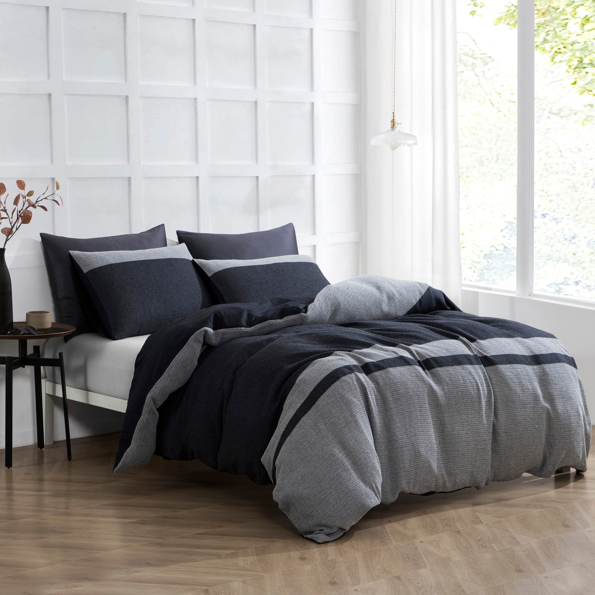 Dreamaker Herringbonecotton Quilt Cover Set Charcoal Grey
