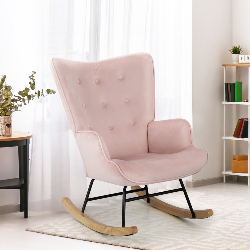 Oikiture Rocking Chair Nursing Armchair Velvet Accent Upholstered Pink Oikiture