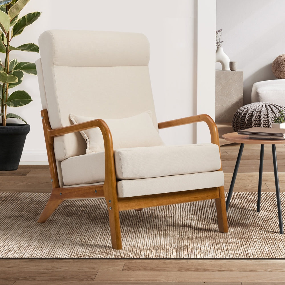 Oikiture Armchair Linen Fabric Lounge Chair with Lumbar Pillow Beige Oikiture