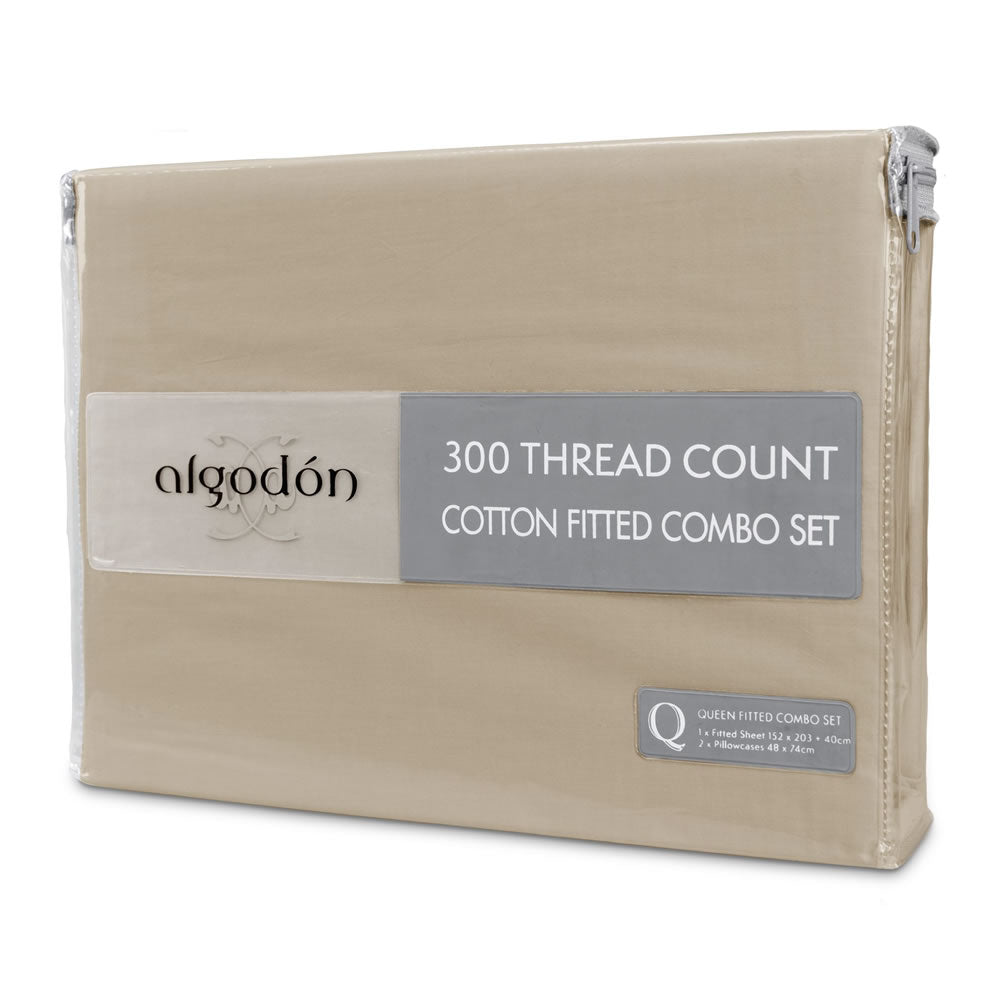 ALGODON "300TC Cotton" FITTED SHEET Combo Set - STONE Algodon