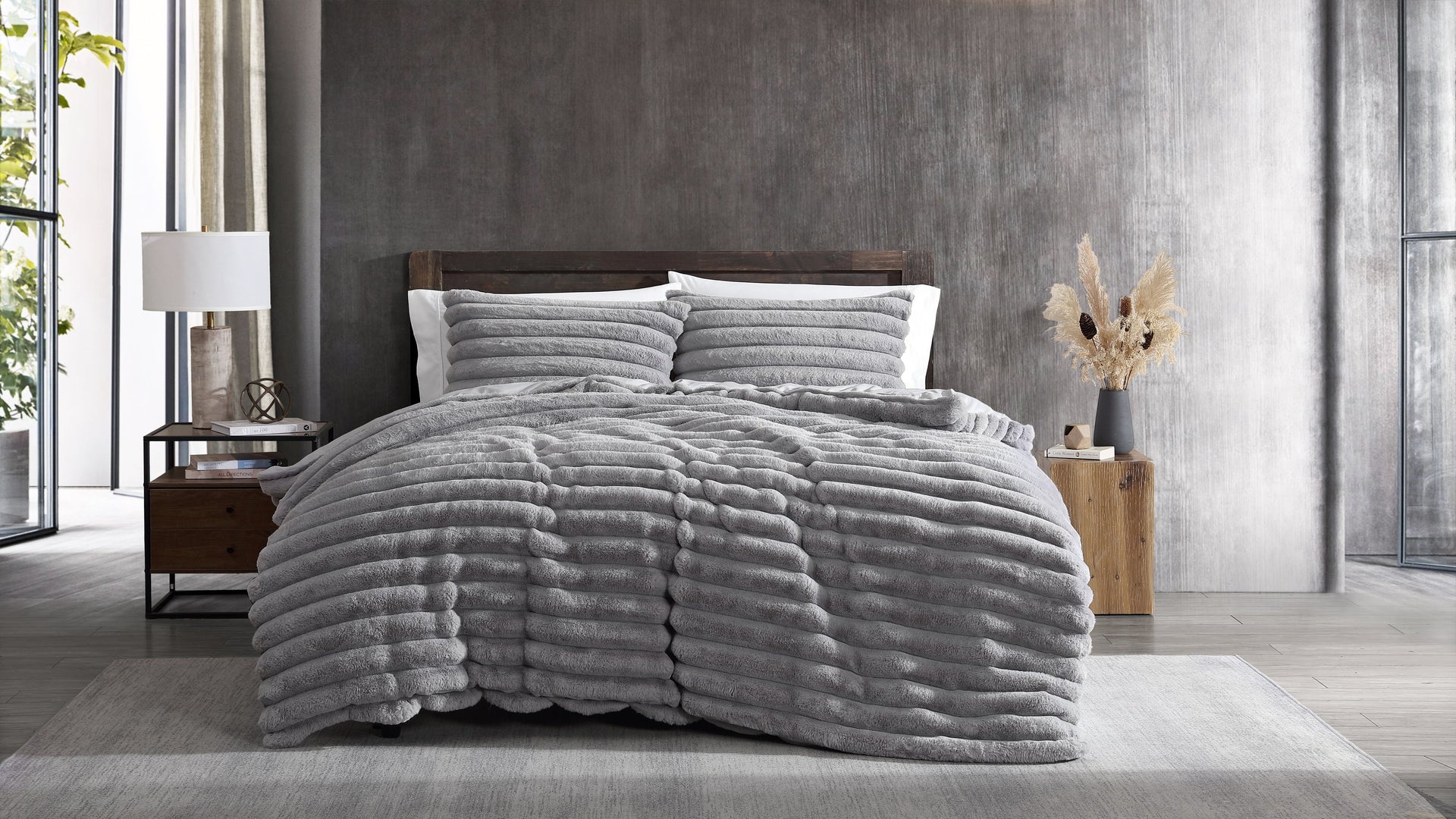 INTERFAB | ARDOR BOUDOIR "Jax" CHUNKY FAUX FUR  SMOKE QUILT COVER SET INTERFAB