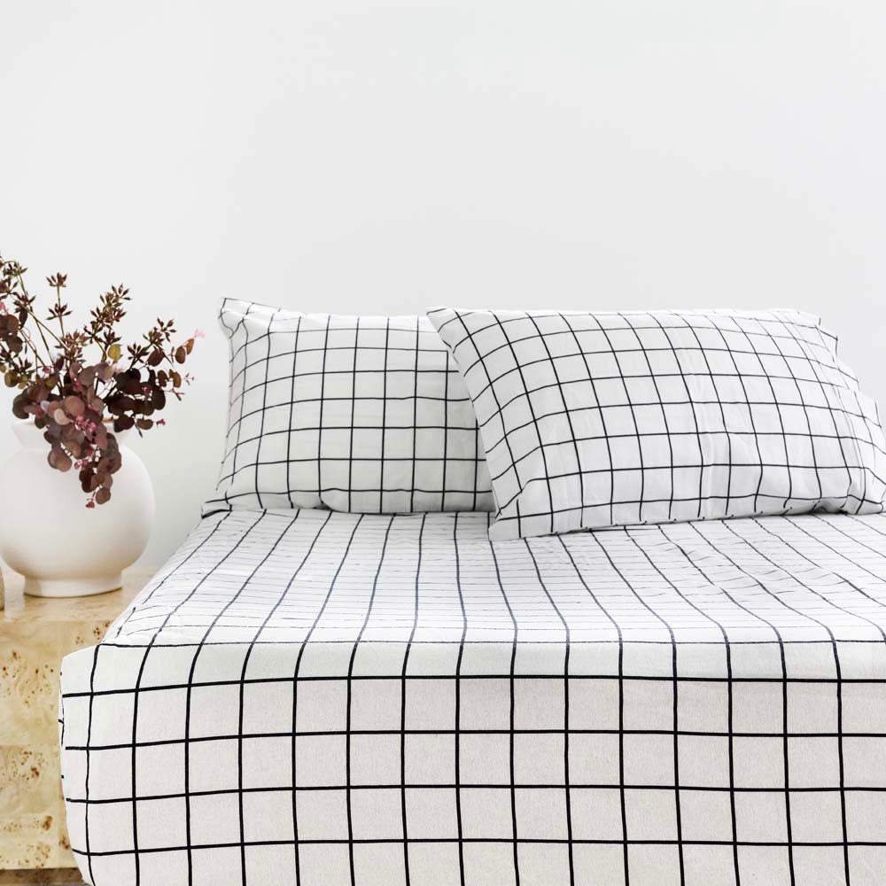 Bambury Grid Black Flannelette Fitted Sheet Set