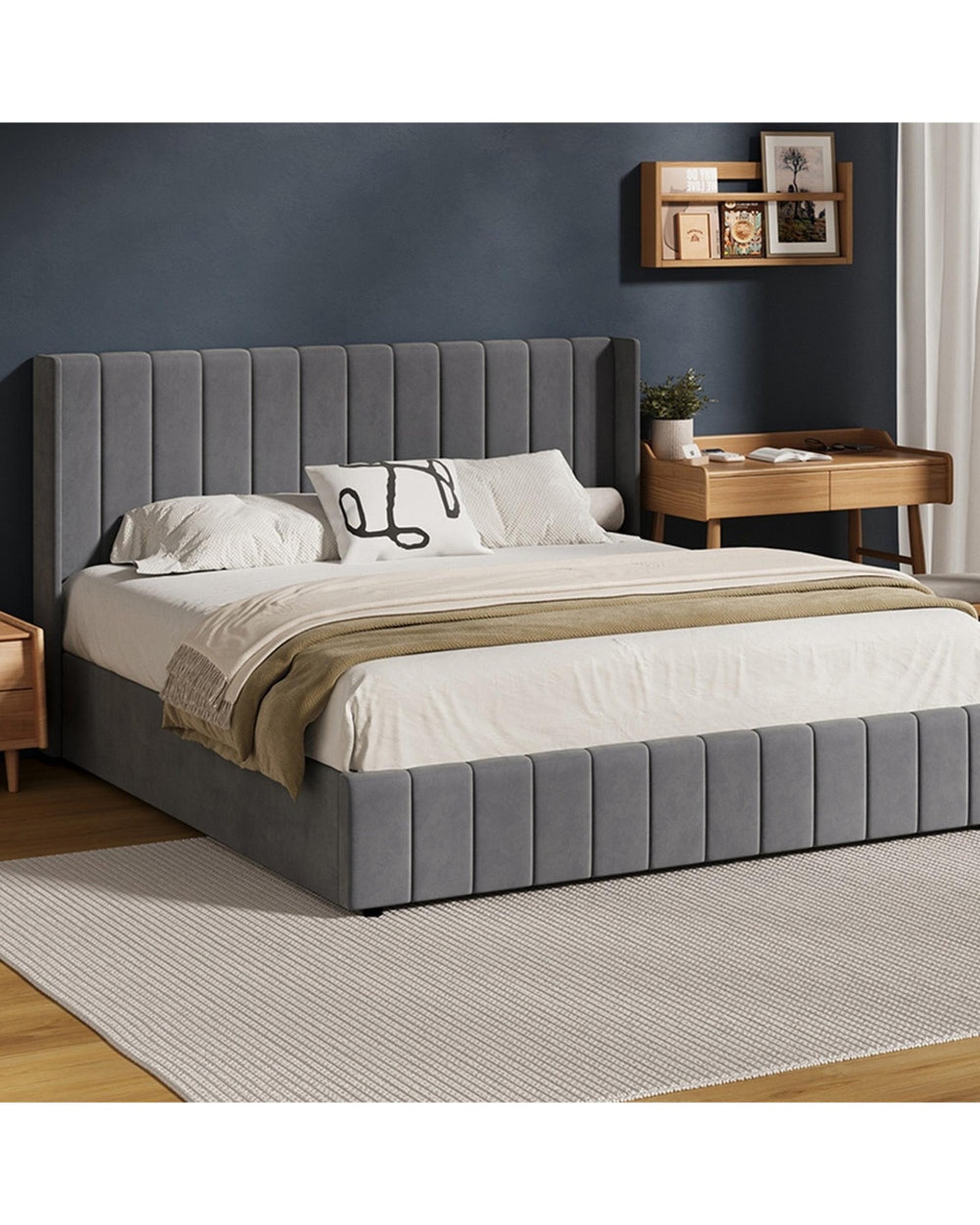 WAVERLEY Bed Frame Gas Lift Base Storage Velvet - Grey Oikiture