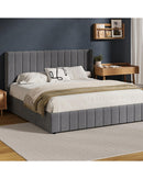 WAVERLEY Bed Frame Gas Lift Base Storage Velvet - Grey Oikiture