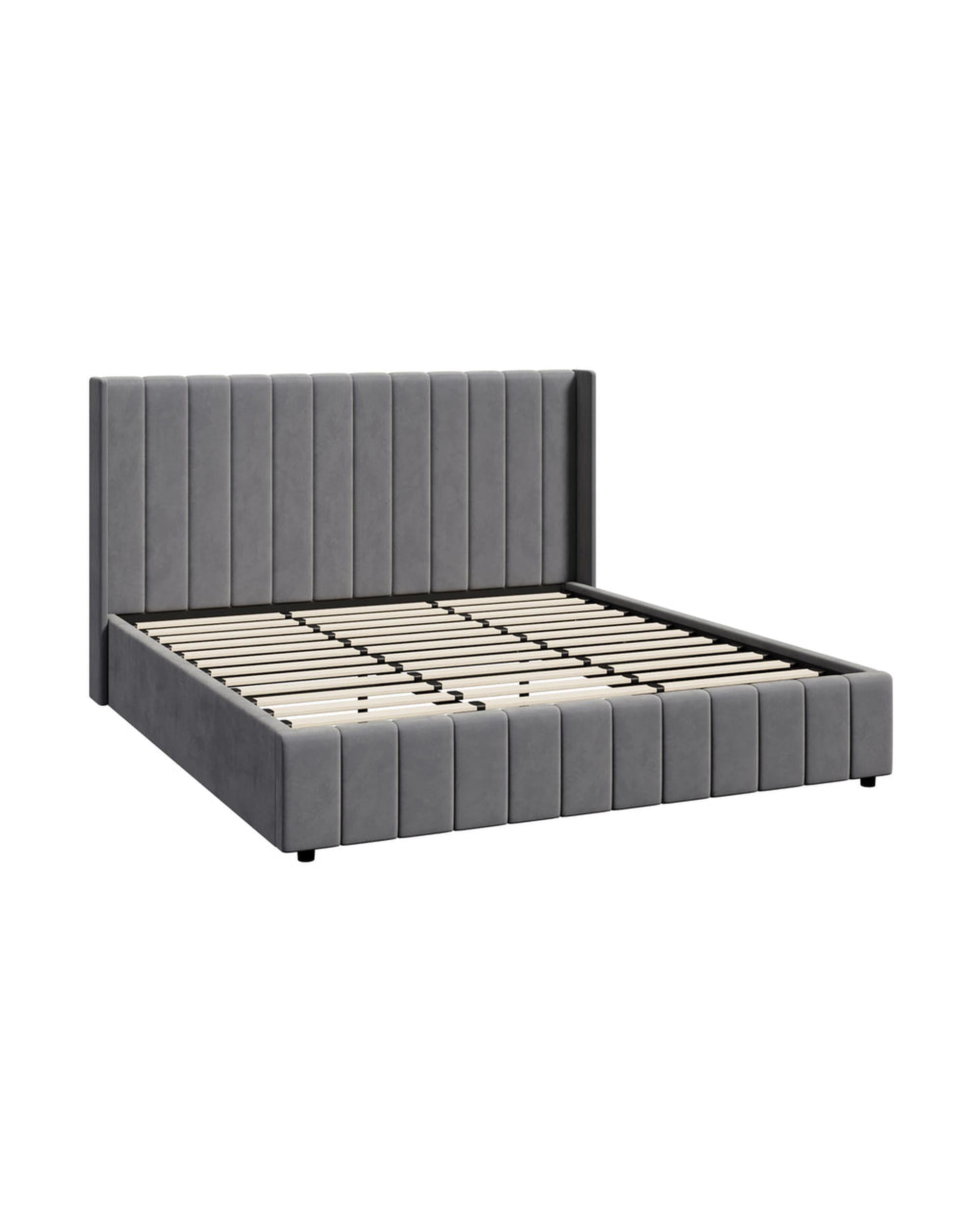 WAVERLEY Bed Frame Gas Lift Base Storage Velvet - Grey Oikiture