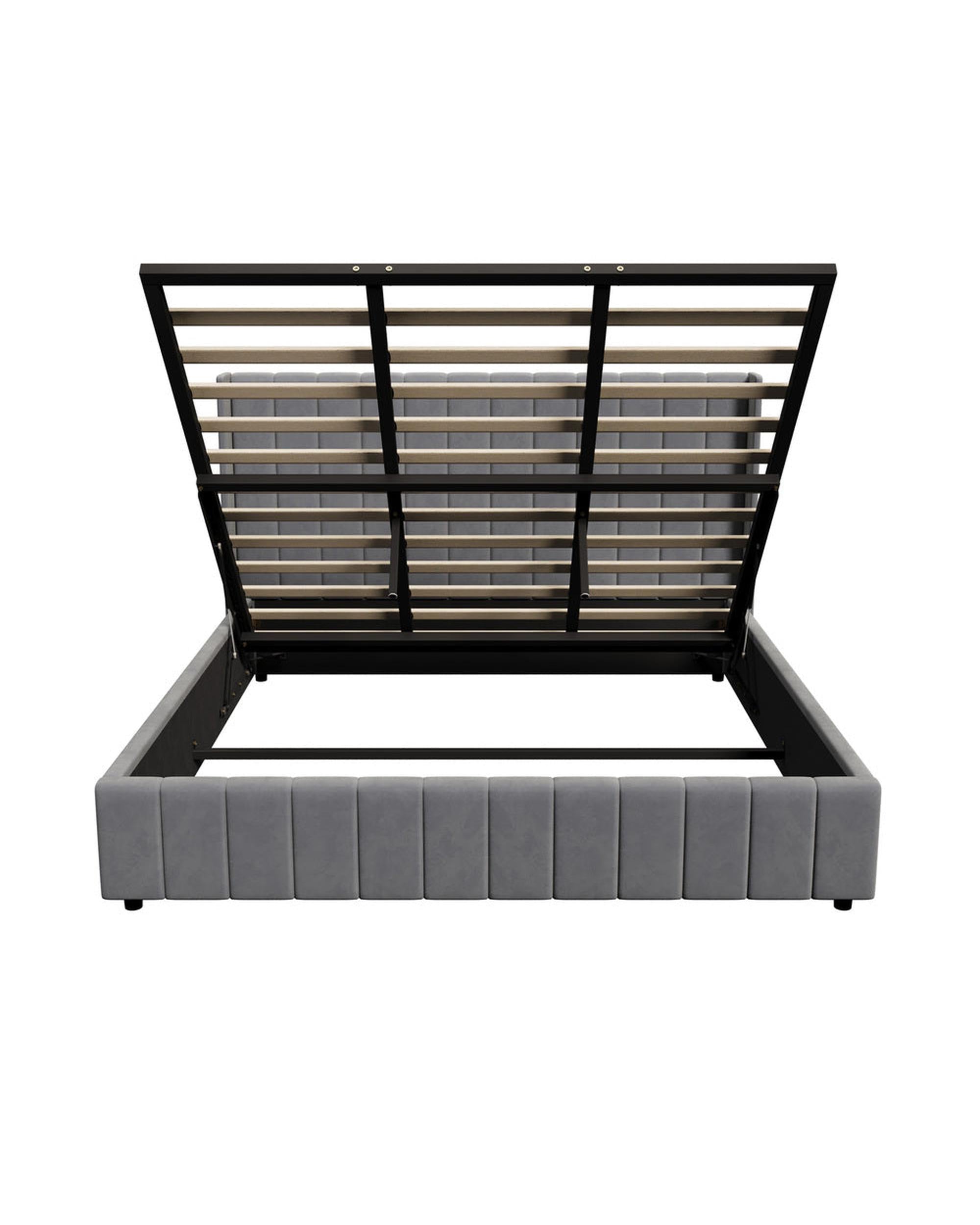WAVERLEY Bed Frame Gas Lift Base Storage Velvet - Grey Oikiture