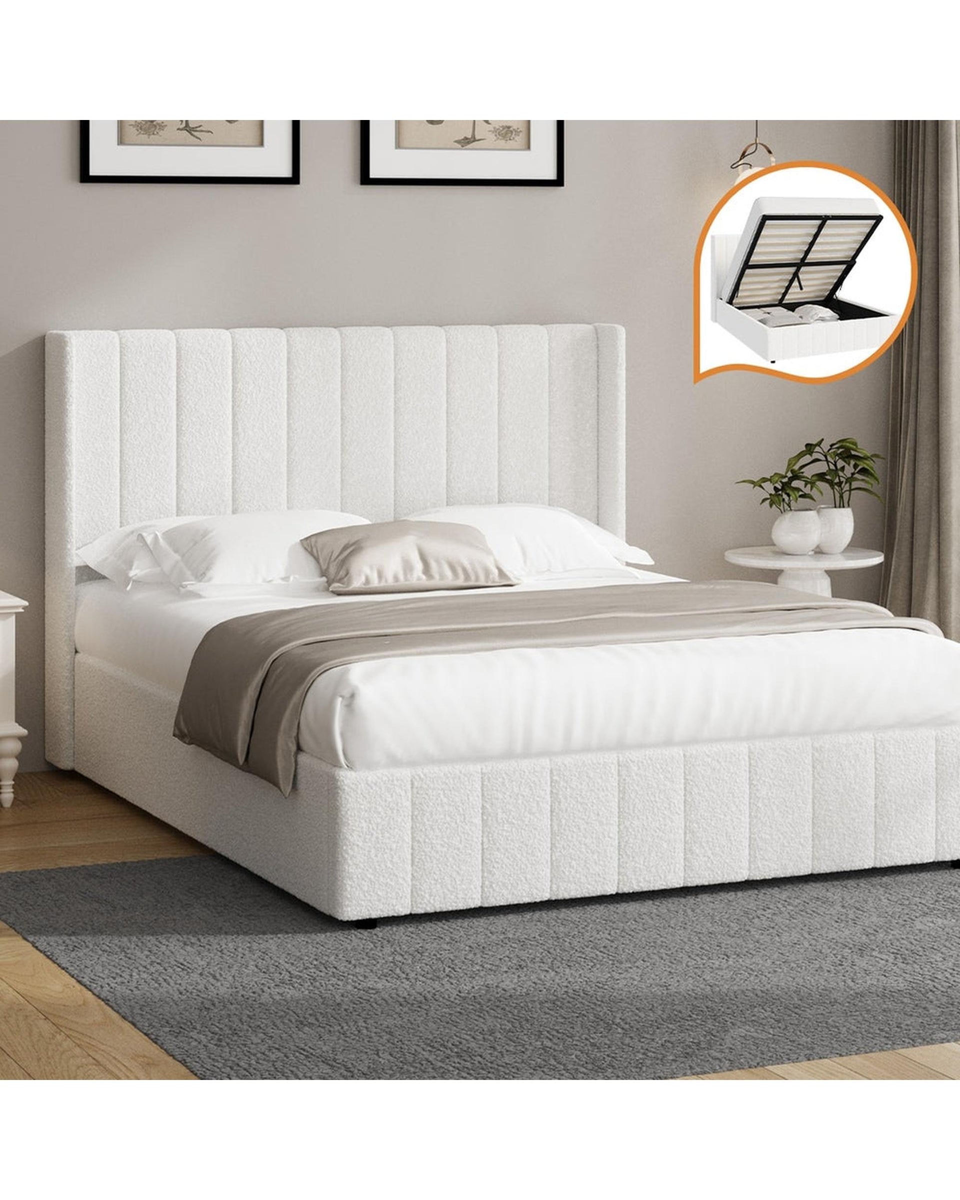 WAVERLEY Bed Frame Gas Lift Base Storage Velvet - WHITE Oikiture
