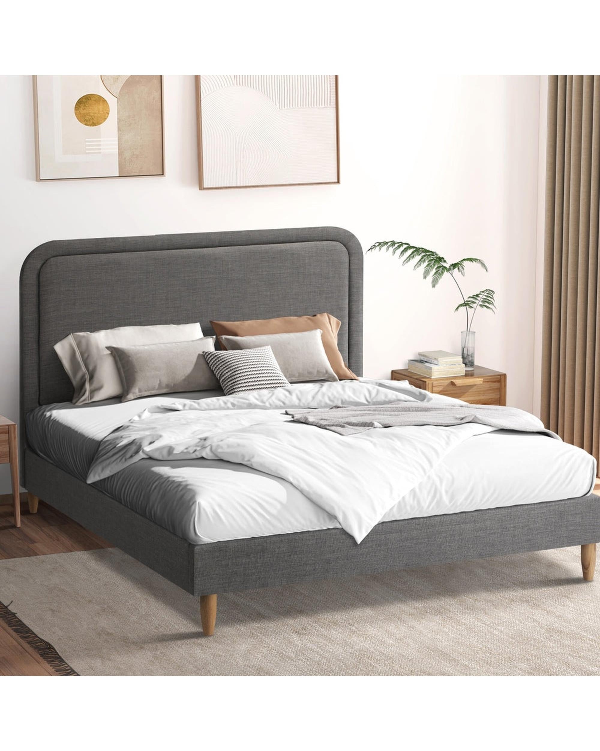 LIATH Bed Frame Double Size Fabric Grey Oikiture