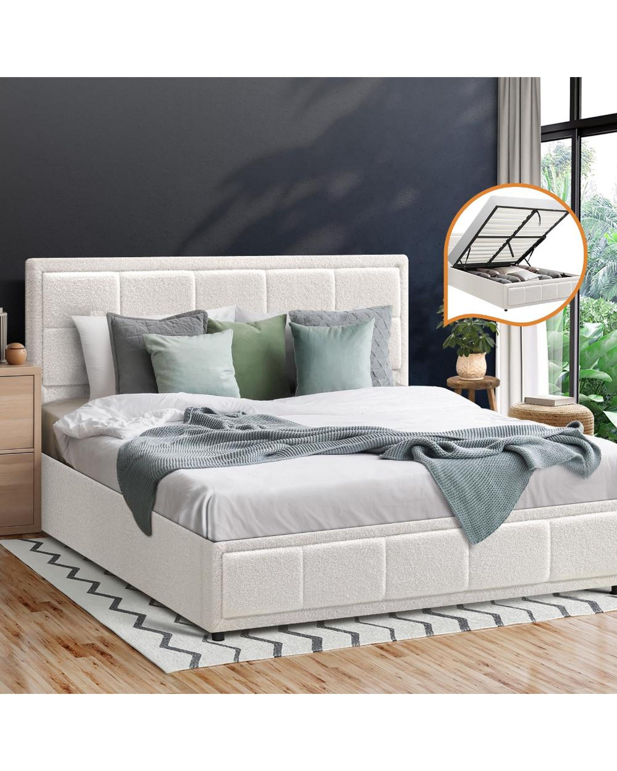 MARTHA Bed Frame Gas Lift Storage Base Boucle White Oikiture